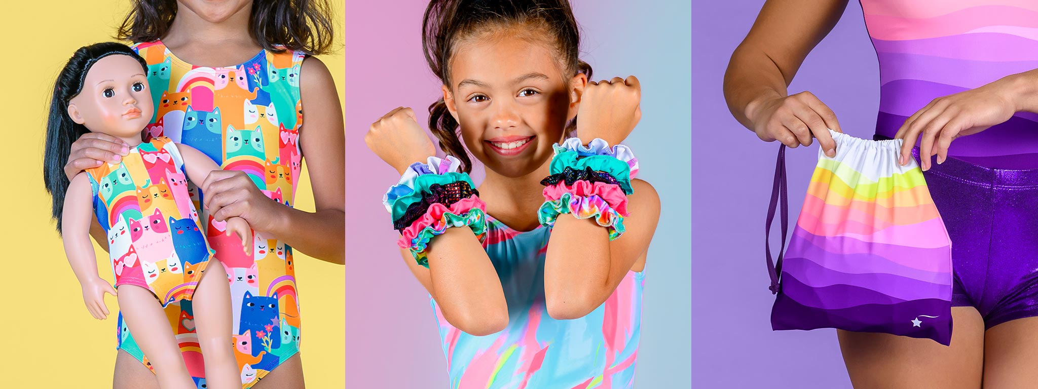 Hair scrunchies, grip bags, and doll leotards to match your gymnastics apparel by Destira, 2023