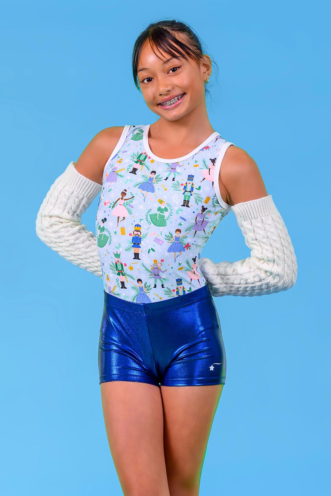 Destira Sugar Plum Fairies gymnastics leotard with youth glitter shorts, 2023
