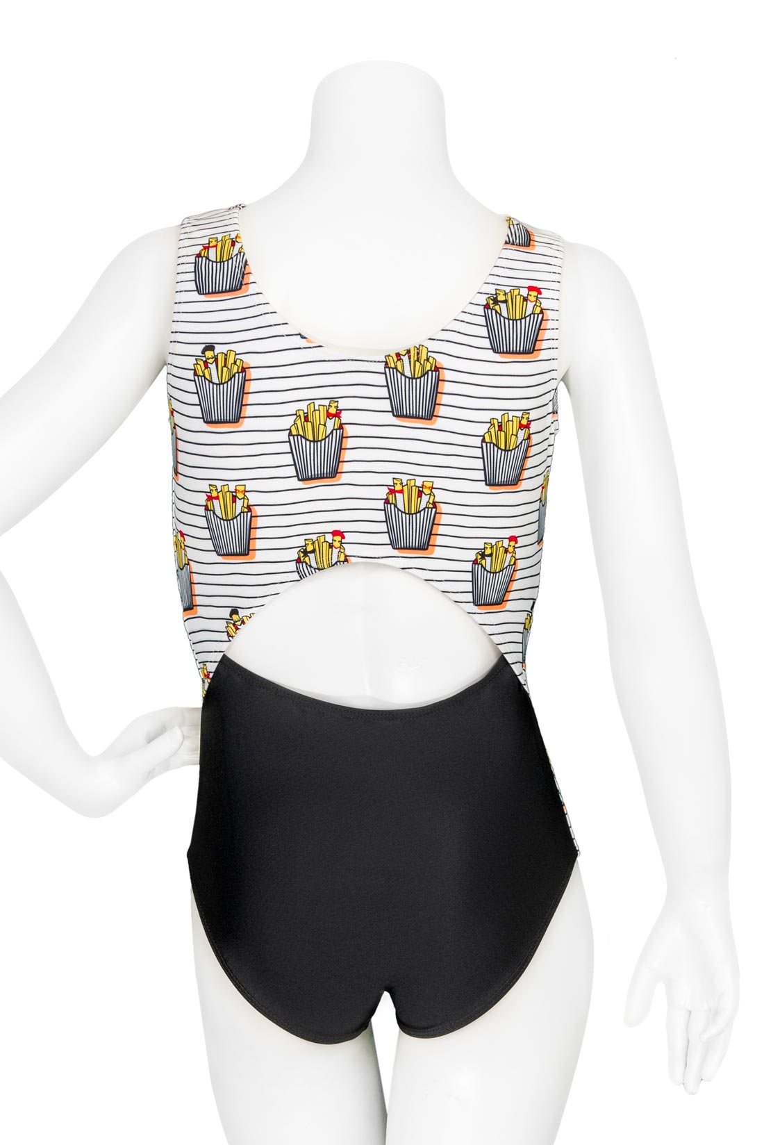 Black and white open back leotard with french fries by Destira, 2024