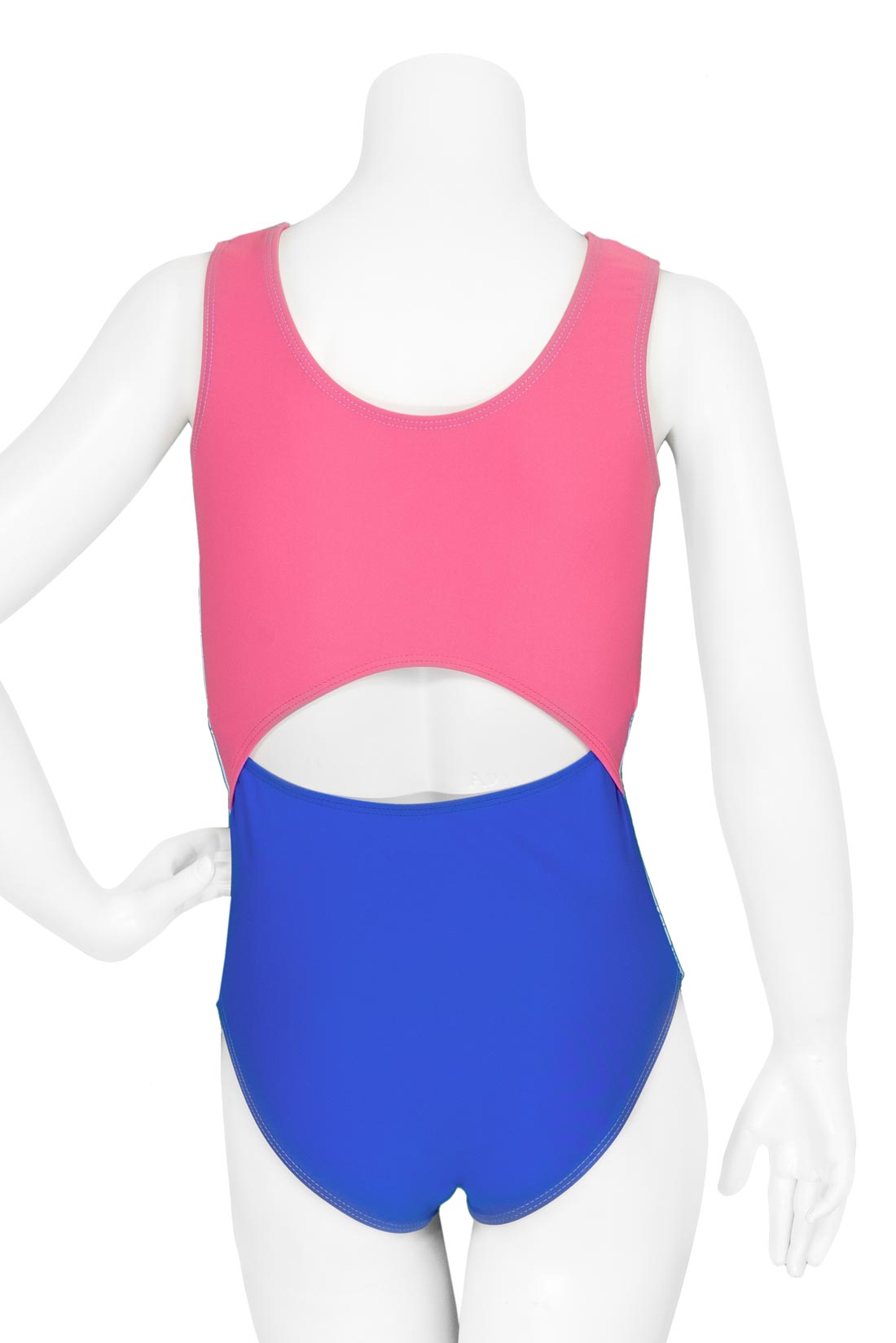 Bright pink and blue open back leotard by Destira, 2024