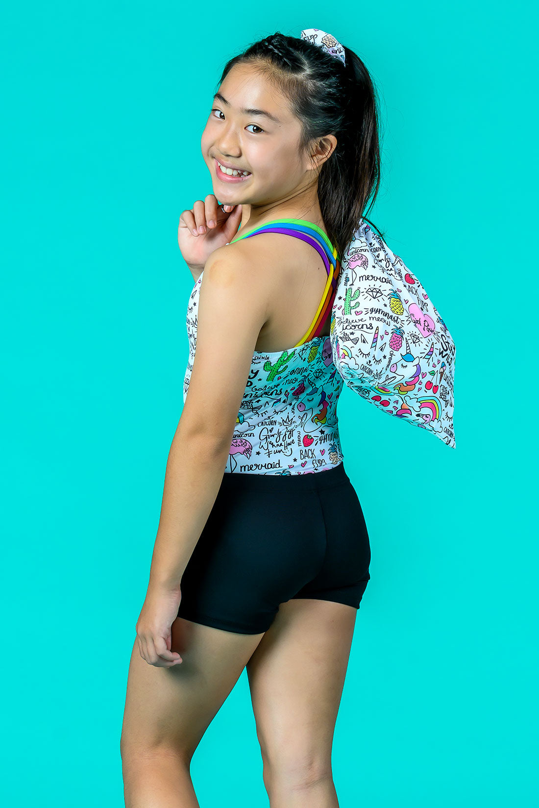 Rainbow gymnastics leotard with black gym shorts, Destira, 2023