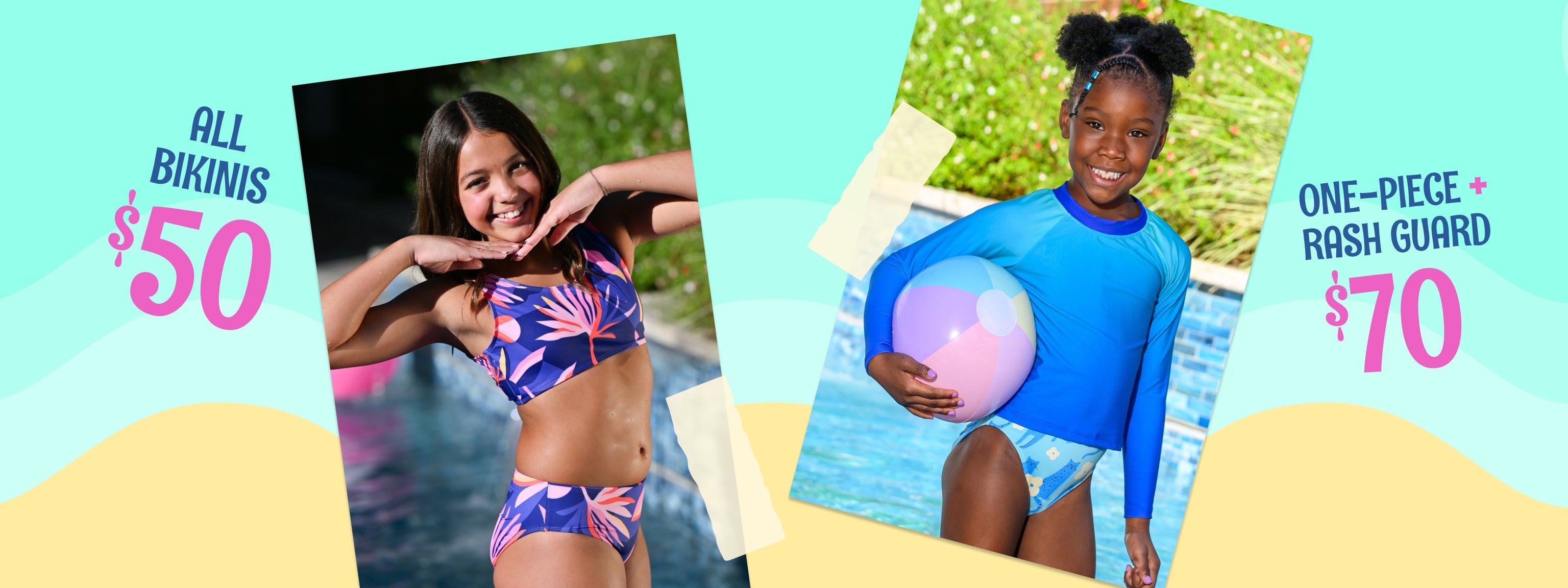 Bundle and save promo showing girls wearing swimsuits with bundles for $50 for bikinis and $70 for one pieces plus rash guard