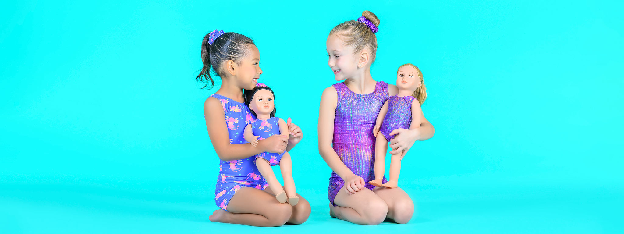Matching gymnastics apparel and doll leotards for toddlers by Destira, 2023