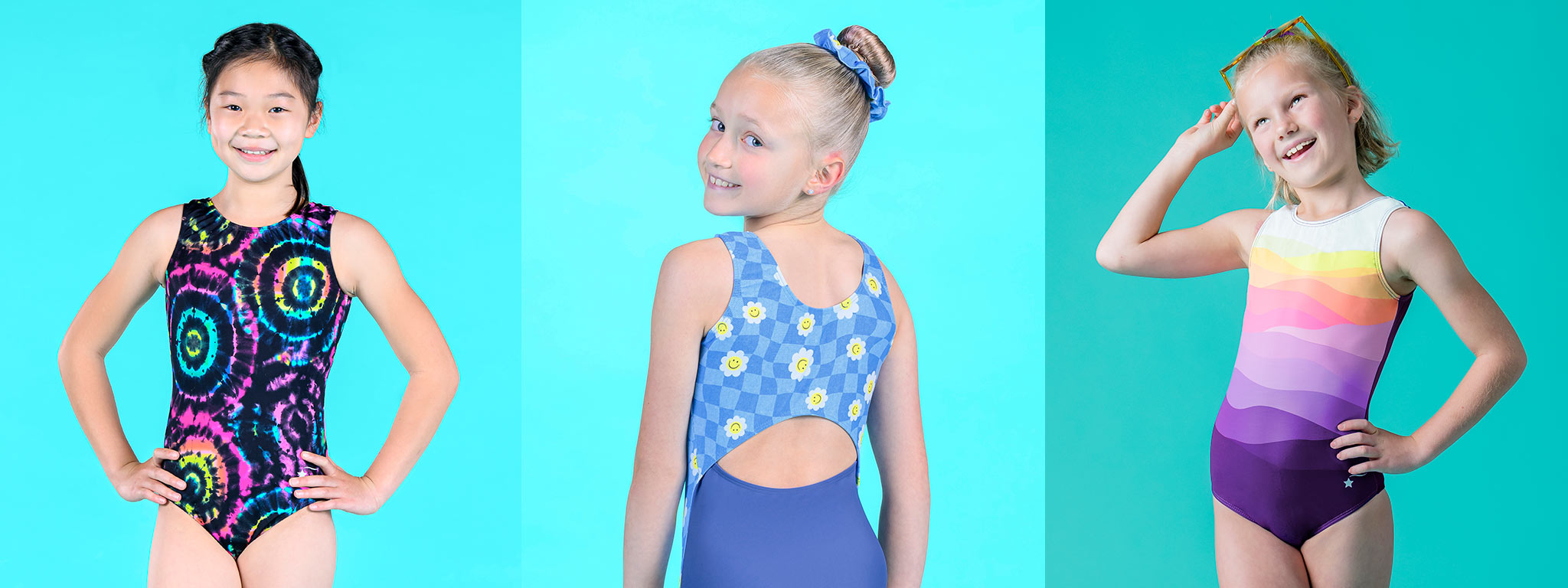 Colorful and bright leotards in child size large by Destira, 2024