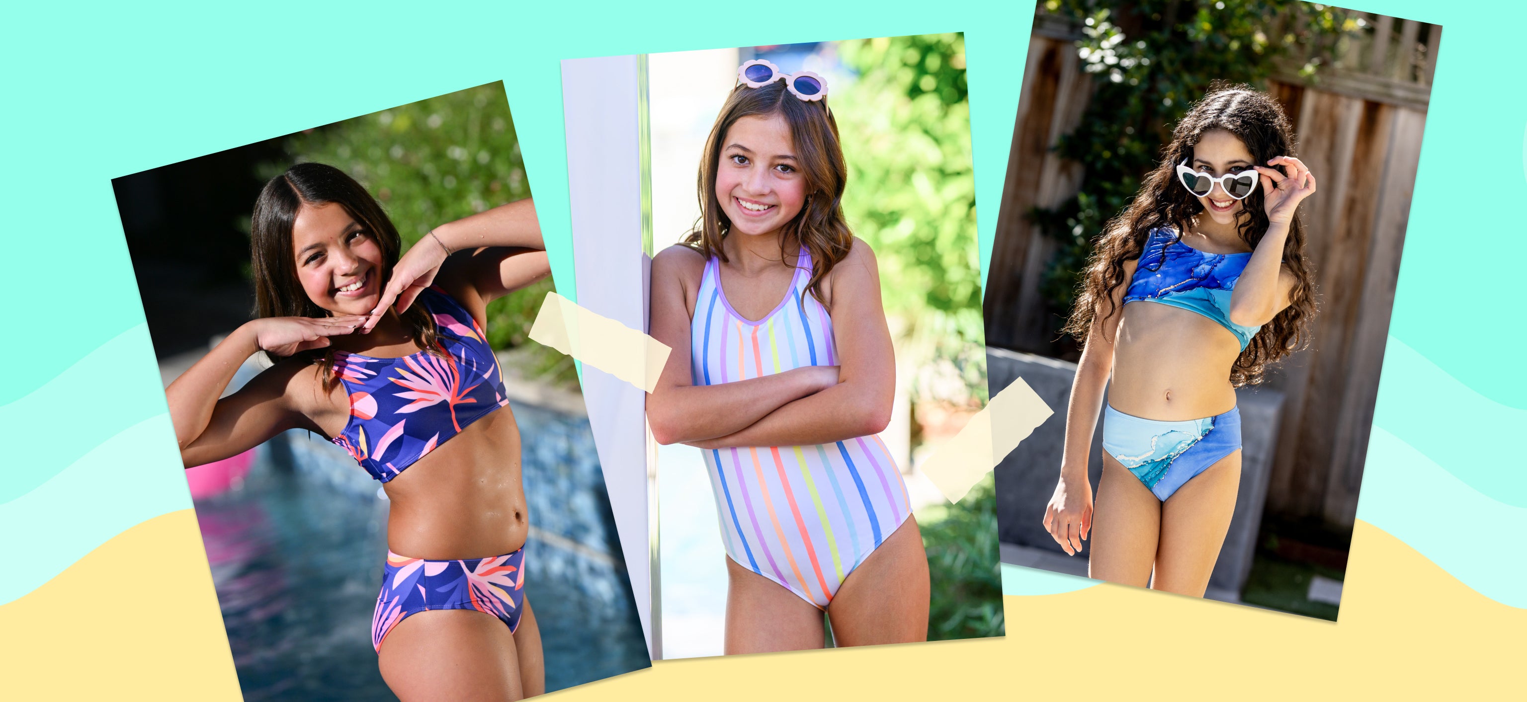 Three images of girls in colorful swimsuits with a light blue and yellow gradient background.