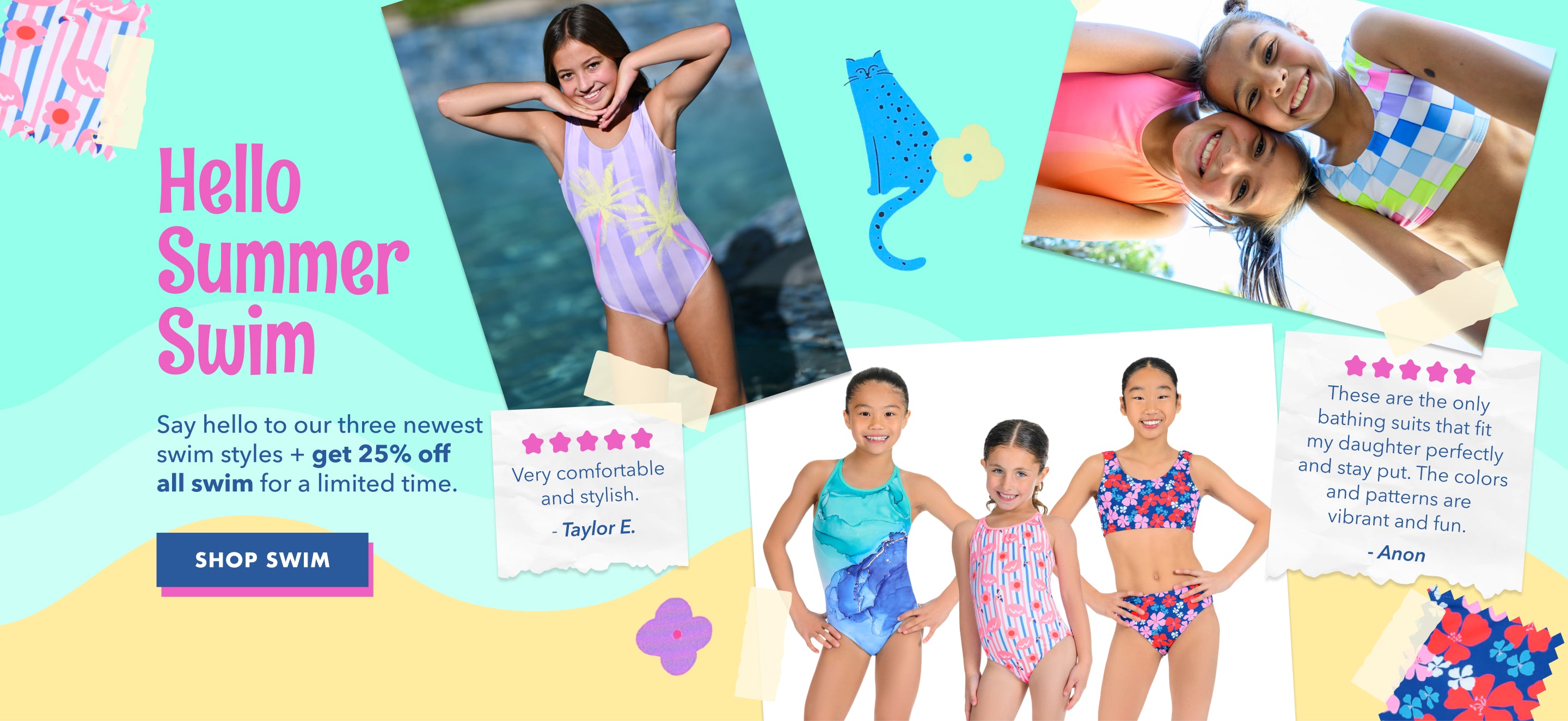 Promotional banner for children's swimwear with text and images of kids in swimsuits with 25% sale on swim