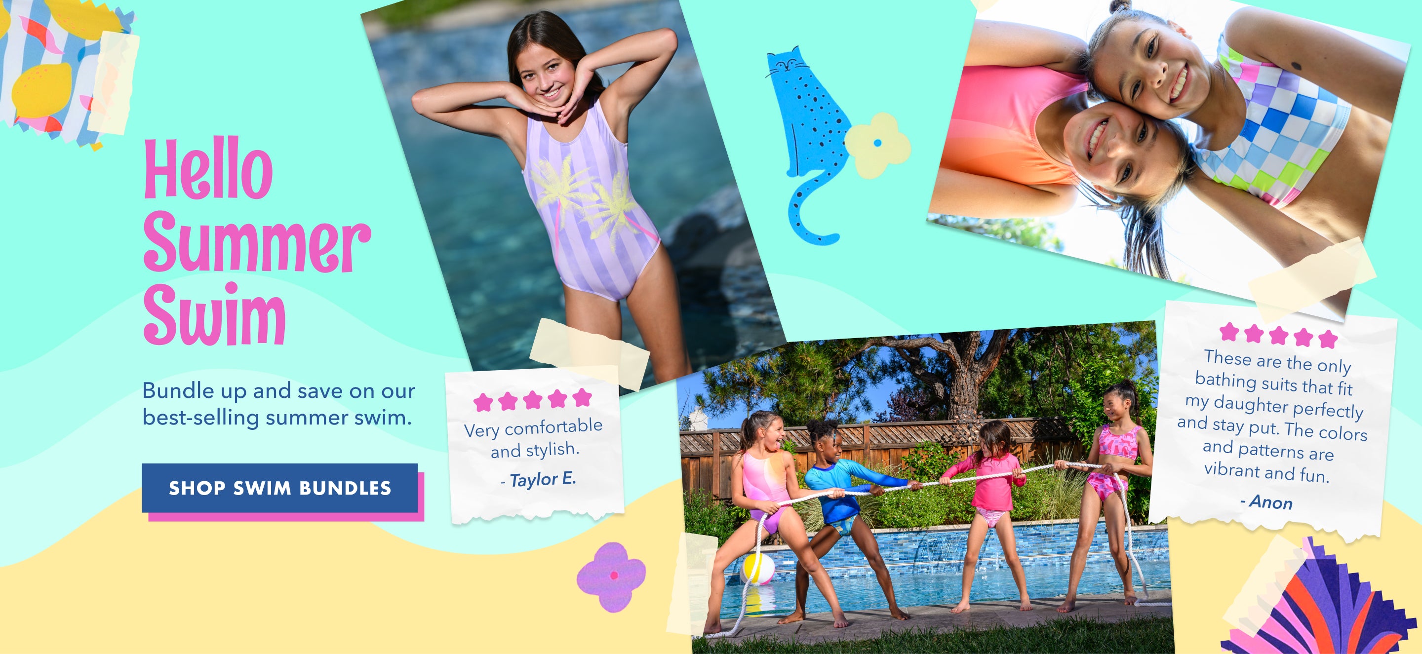 Promotional banner for summer swimwear with children at a pool and text about bundle offers.