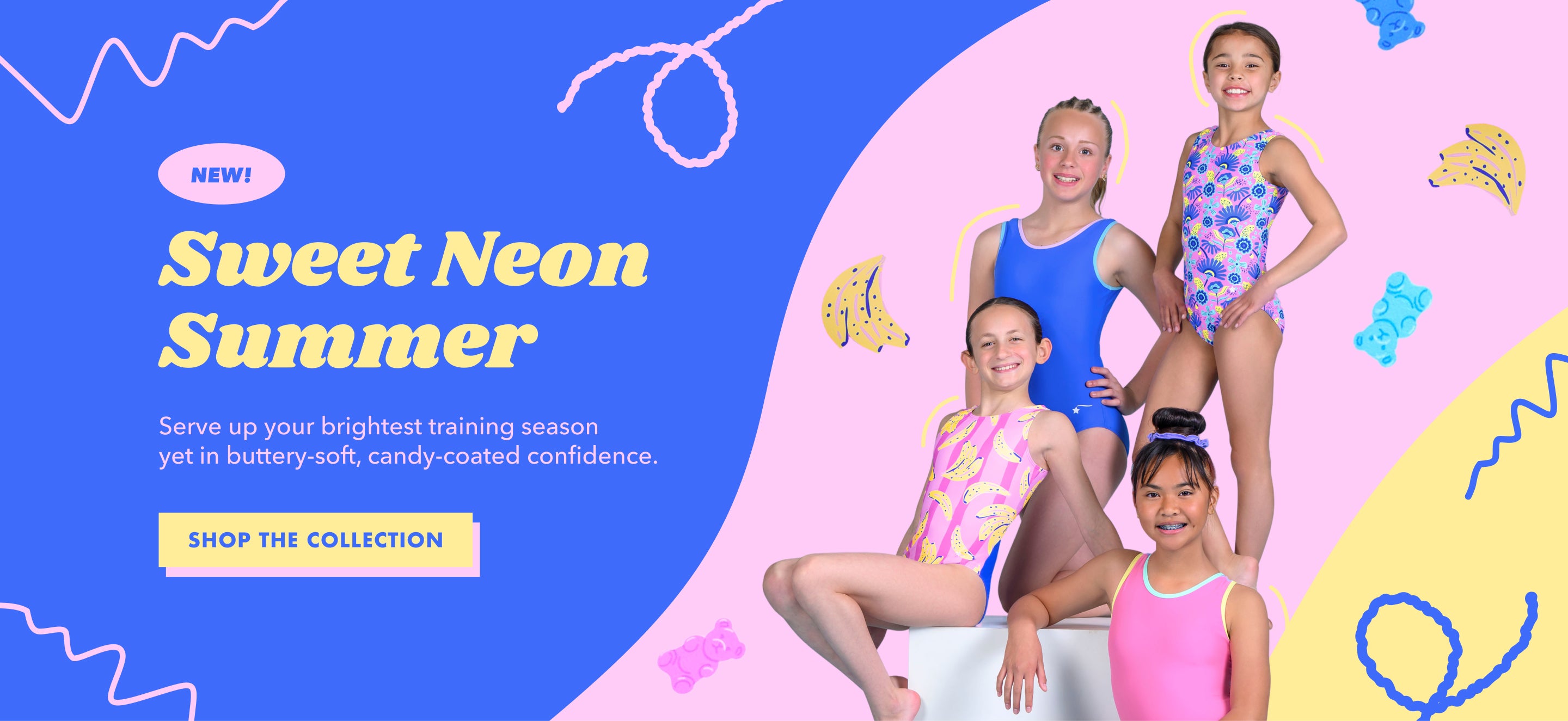 Children in colorful leortards with 'Sweet Neon Summer' text and promotional elements on a pink and blue background.