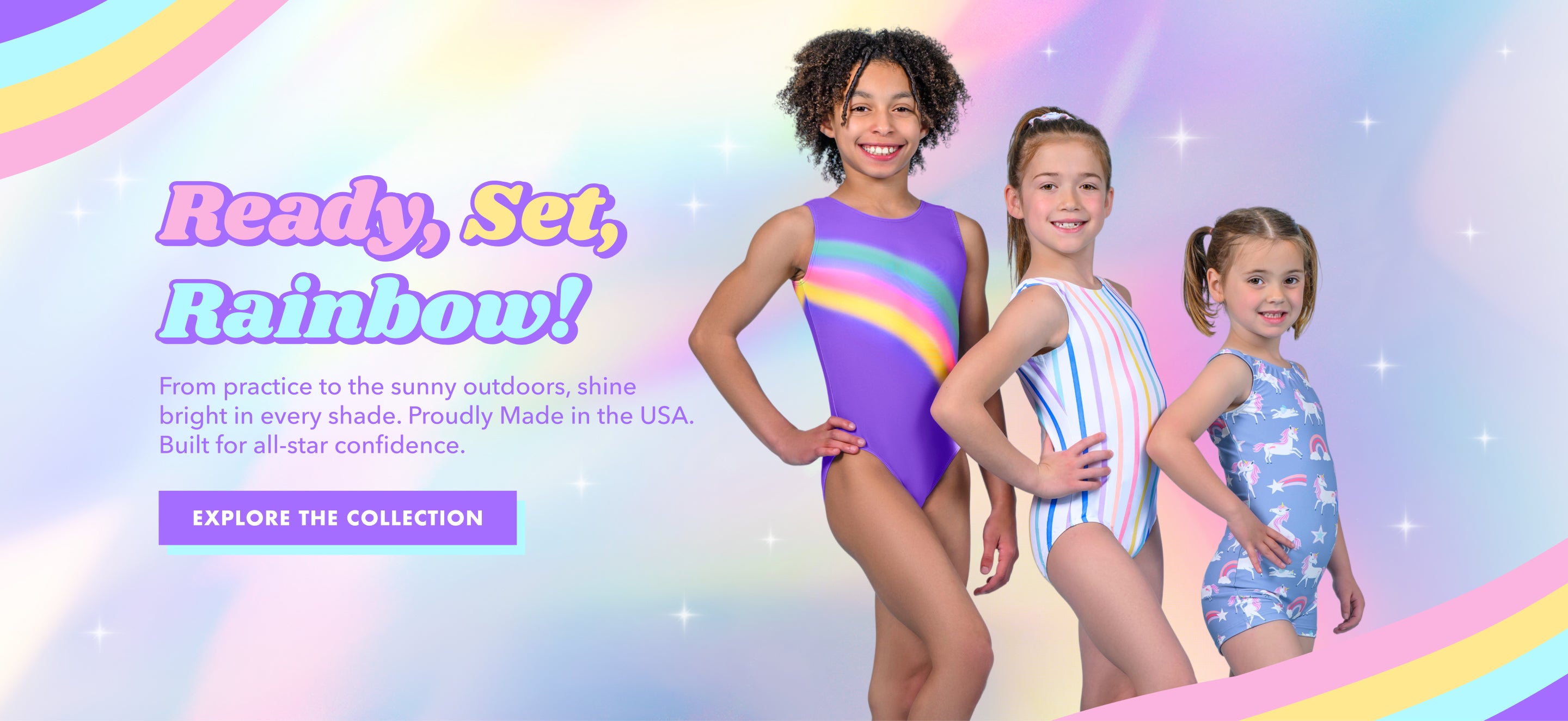 Three children wearing colorful gymnastics leotards with a rainbow-themed background and text about the products.