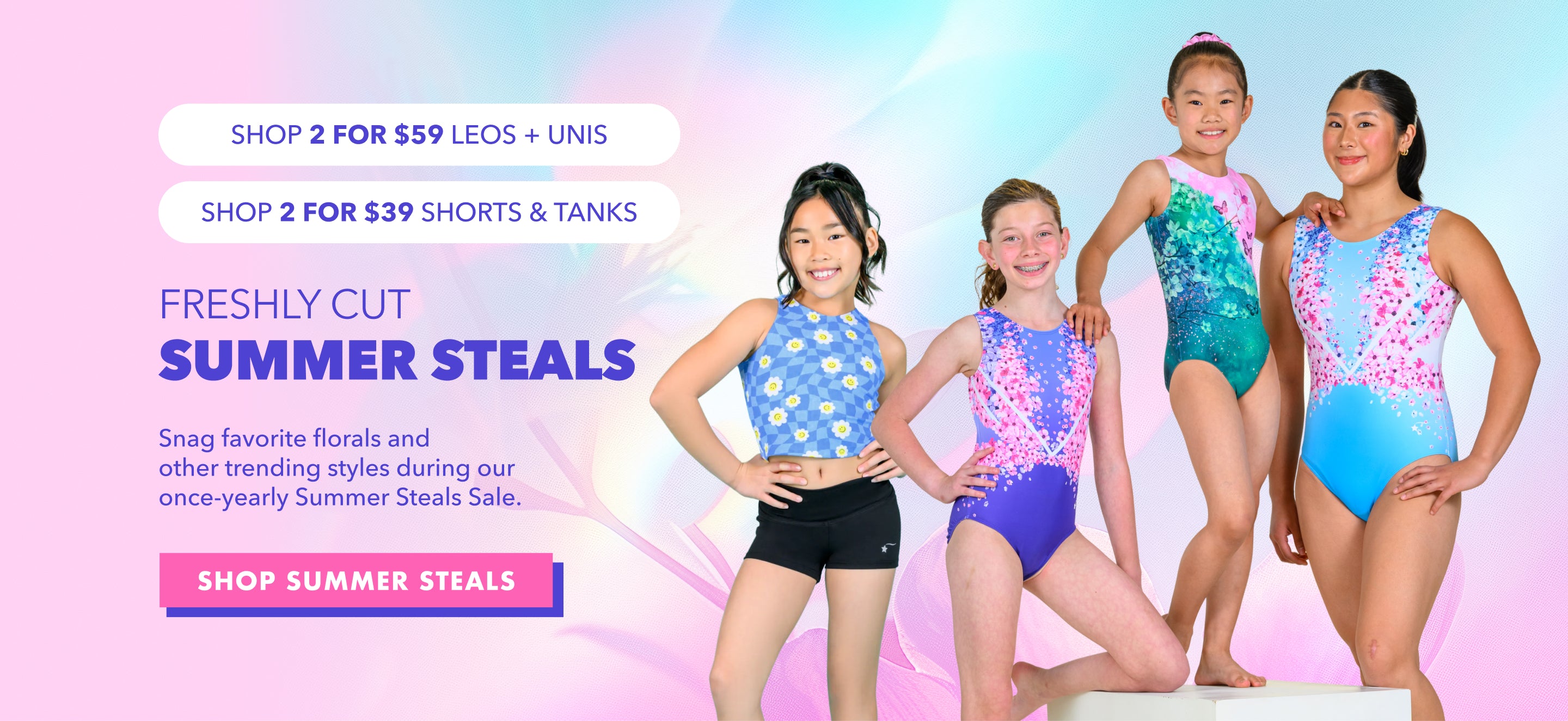 Destira Summer Steals sale featuring gymnastics leotards, unitards, shorts, and tanks at special summer prices