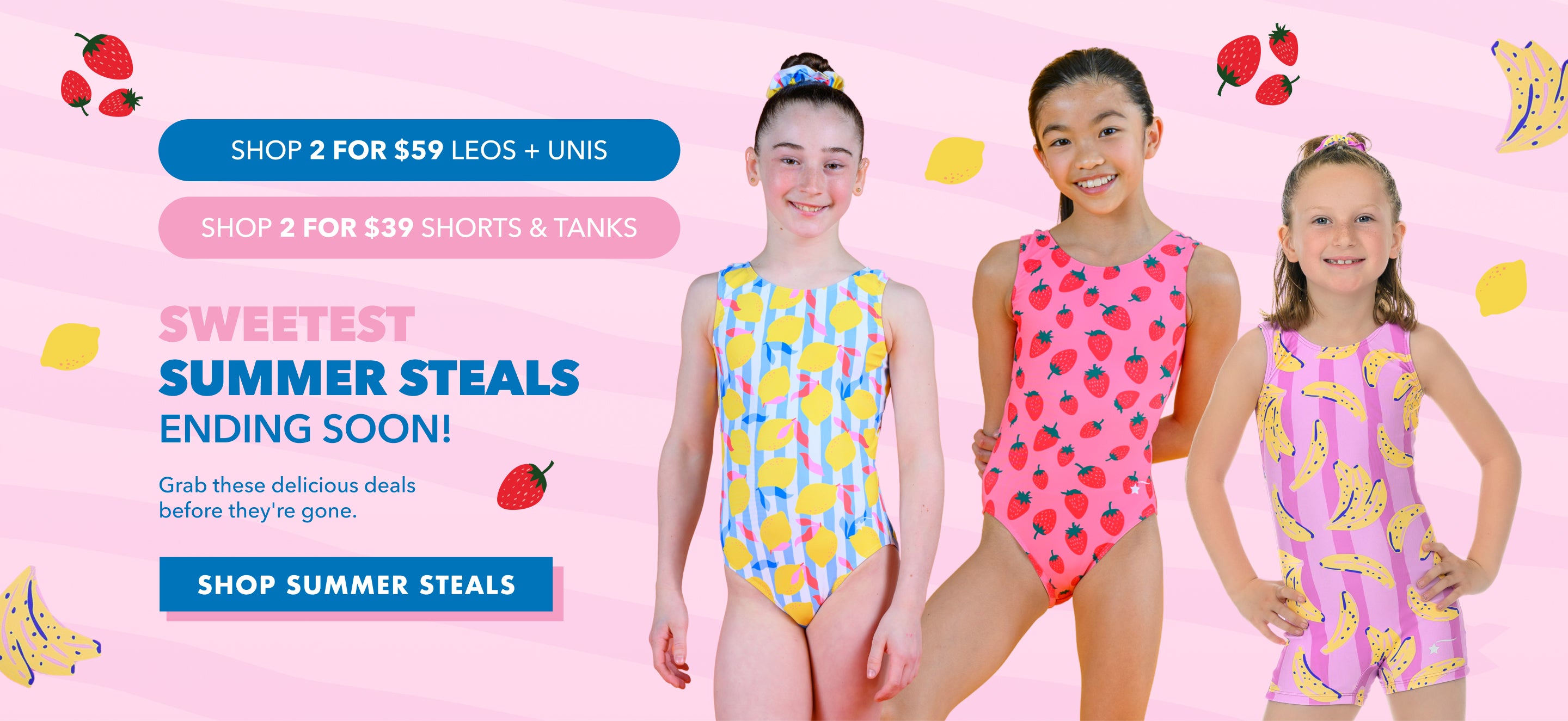 Destira Summer Steals sale featuring gymnastics leotards, unitards, shorts, and tanks at special summer prices