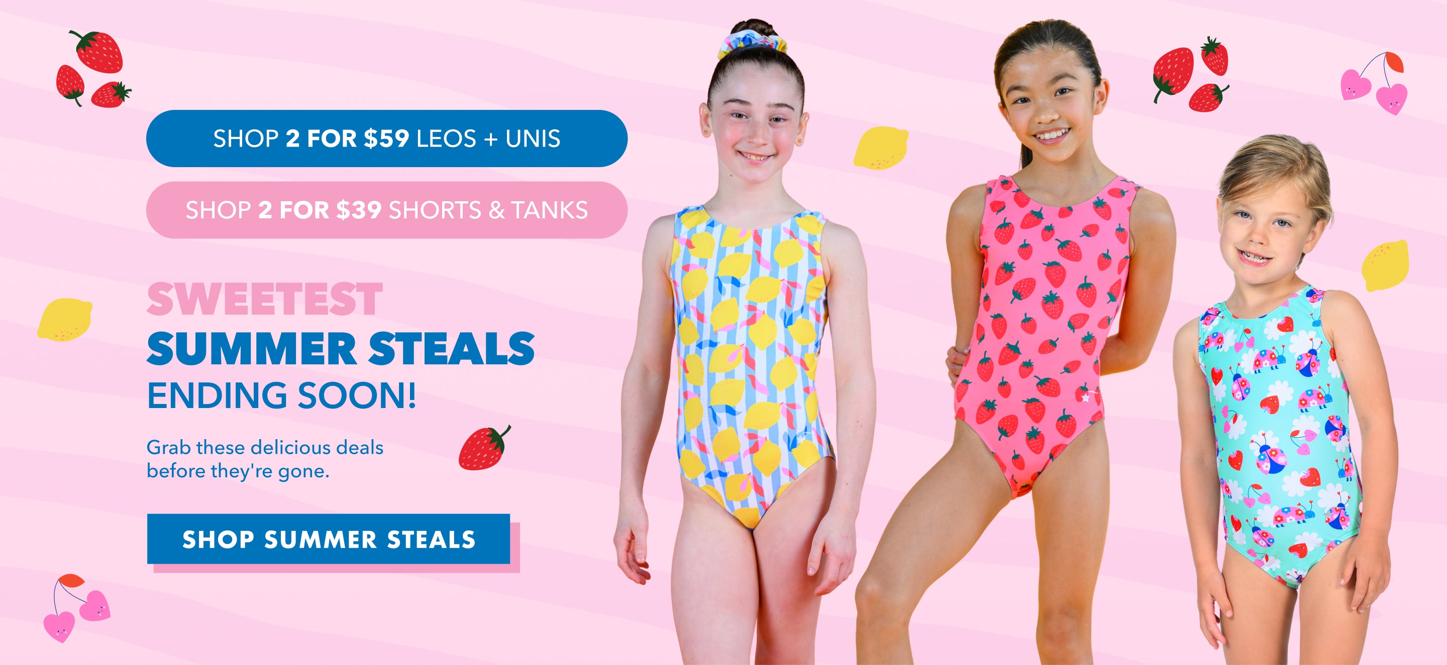 Destira Summer Steals sale featuring gymnastics leotards, unitards, shorts, and tanks at special summer prices