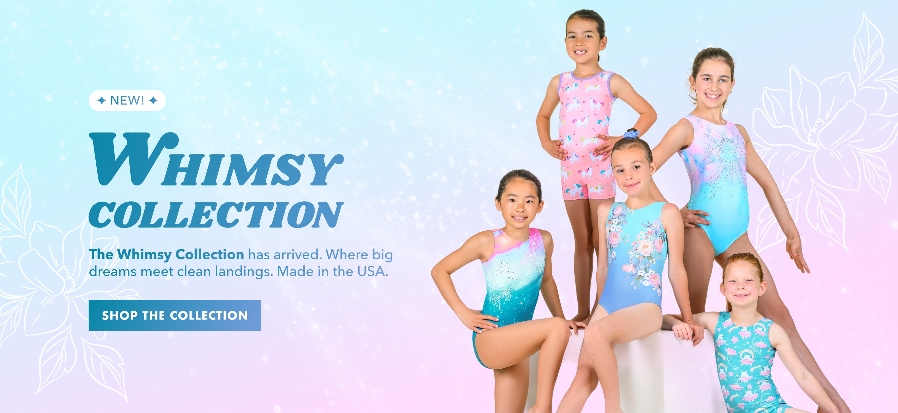 A promotional banner for the Whimsy Collection featuring six young gymnasts wearing colorful leotards, set against a pastel blue and pink background with text reading 'Whimsy Collection' and a 'SHOP THE COLLECTION' button.