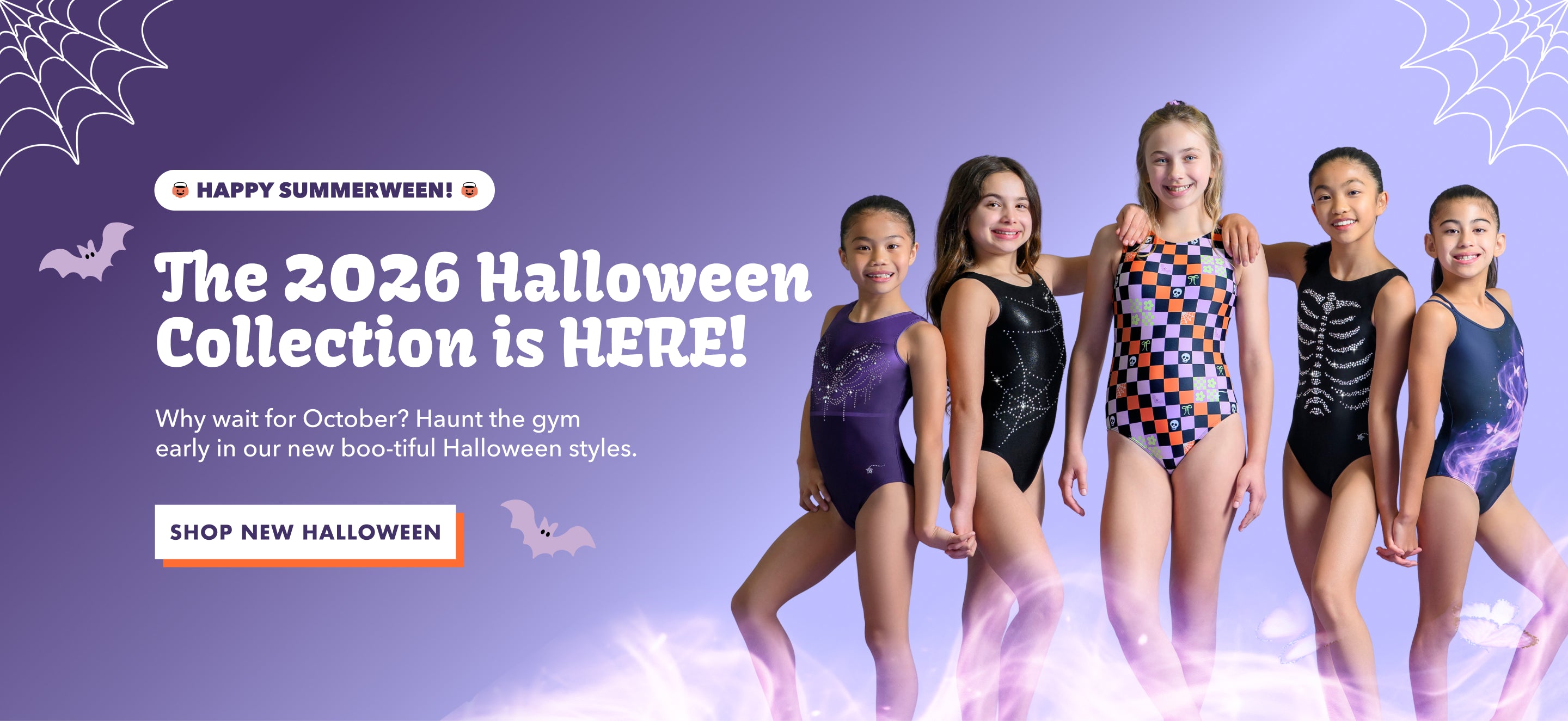 A promotional banner for a gymnastics apparel collection, featuring five young female gymnasts wearing various Halloween-themed leotards (spider, skeleton, checkered, and dark purple designs) against a purple background with spiderwebs and bats. Text on the left reads 'The 2026 Halloween Collection is HERE!' and 'SHOP NEW HALLOWEEN'.