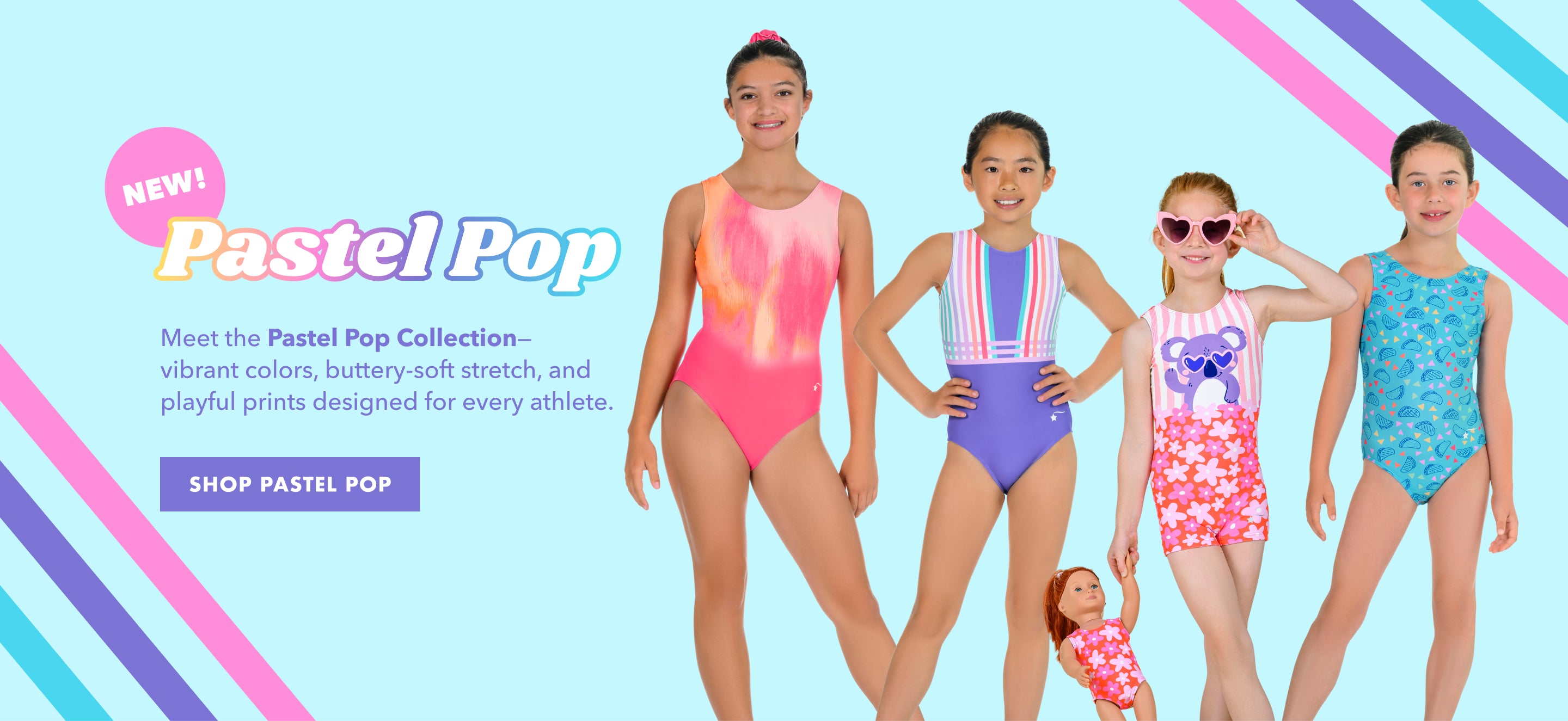 Four girls modeling colorful swimwear from the Pastel Pop collection against a light blue background with pink, purple, and blue graphic accents.