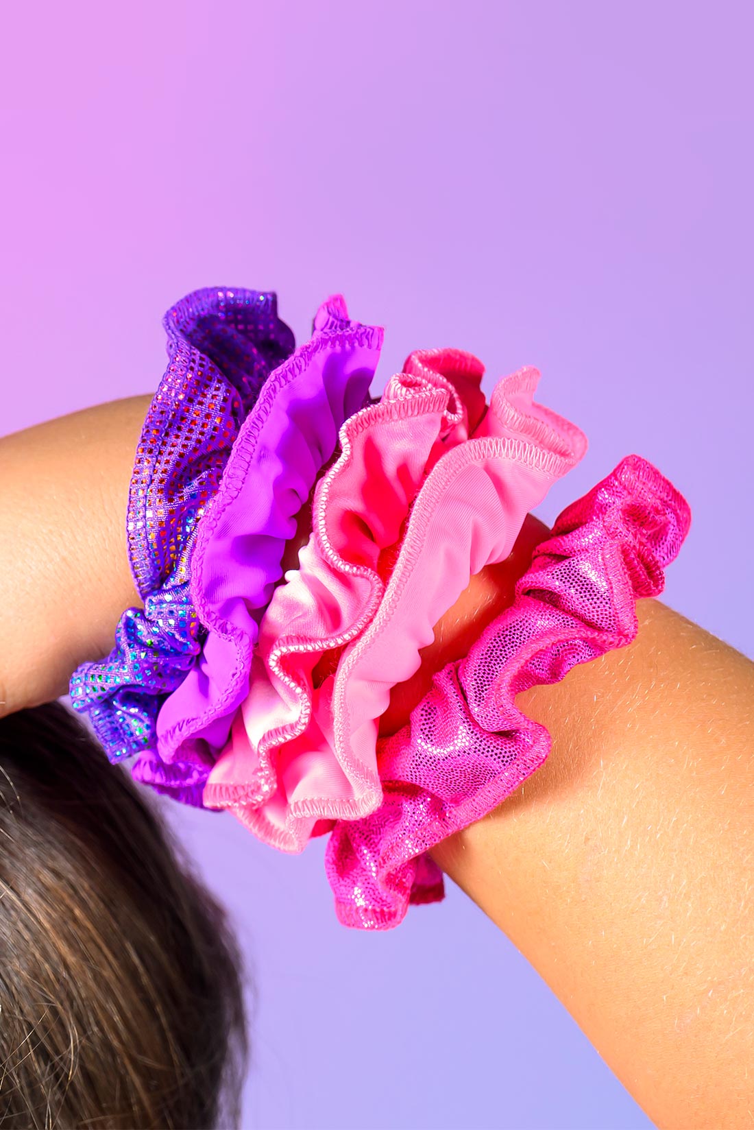 Colorful pink and purple hair ties for gymnasts, Destira, 2023