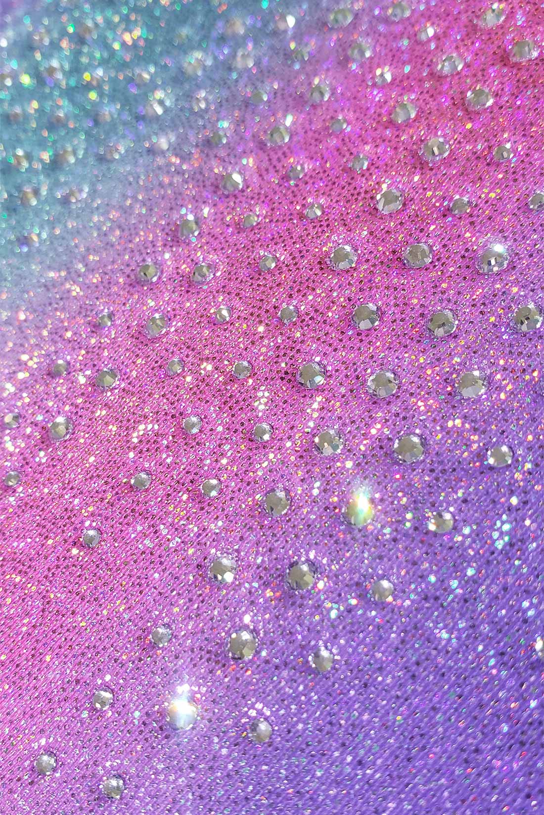 Crystal embellishments on rainbow gymnastics leotard for girls, Destira, 2023
