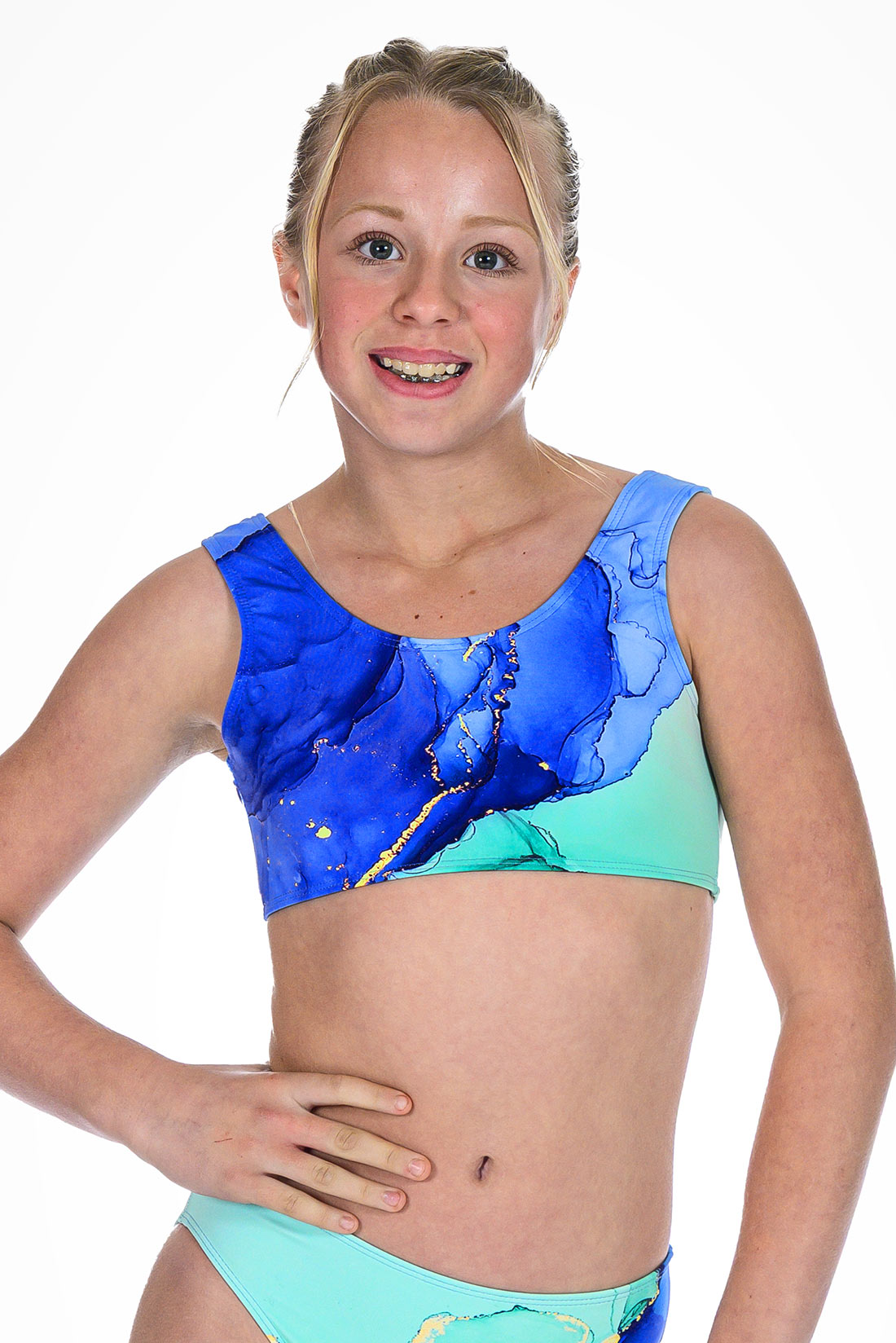 Blue watercolor bikini top for swimming by Destira, 2026