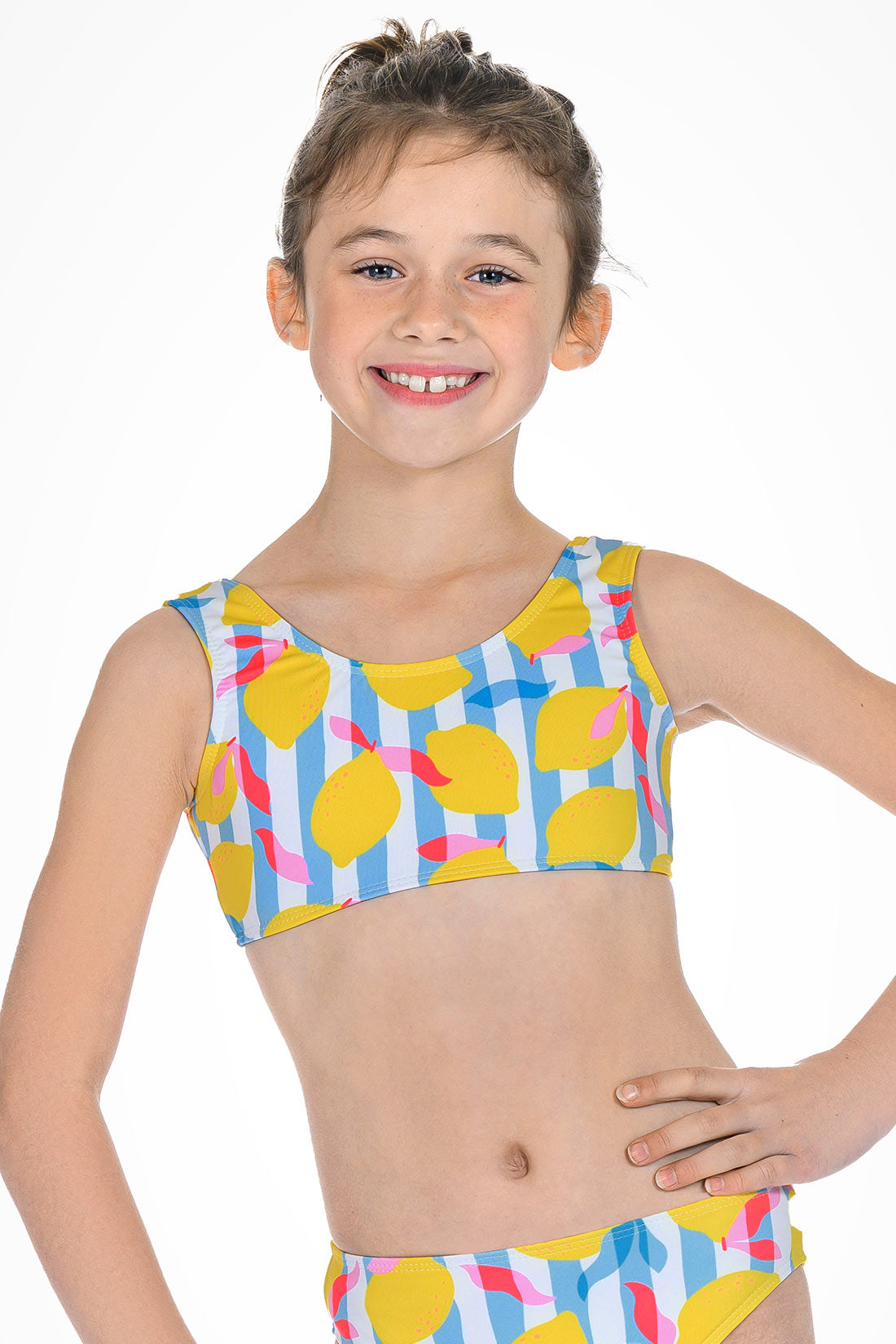 Fun lemon themed swim tops for girls by Destira, 2026