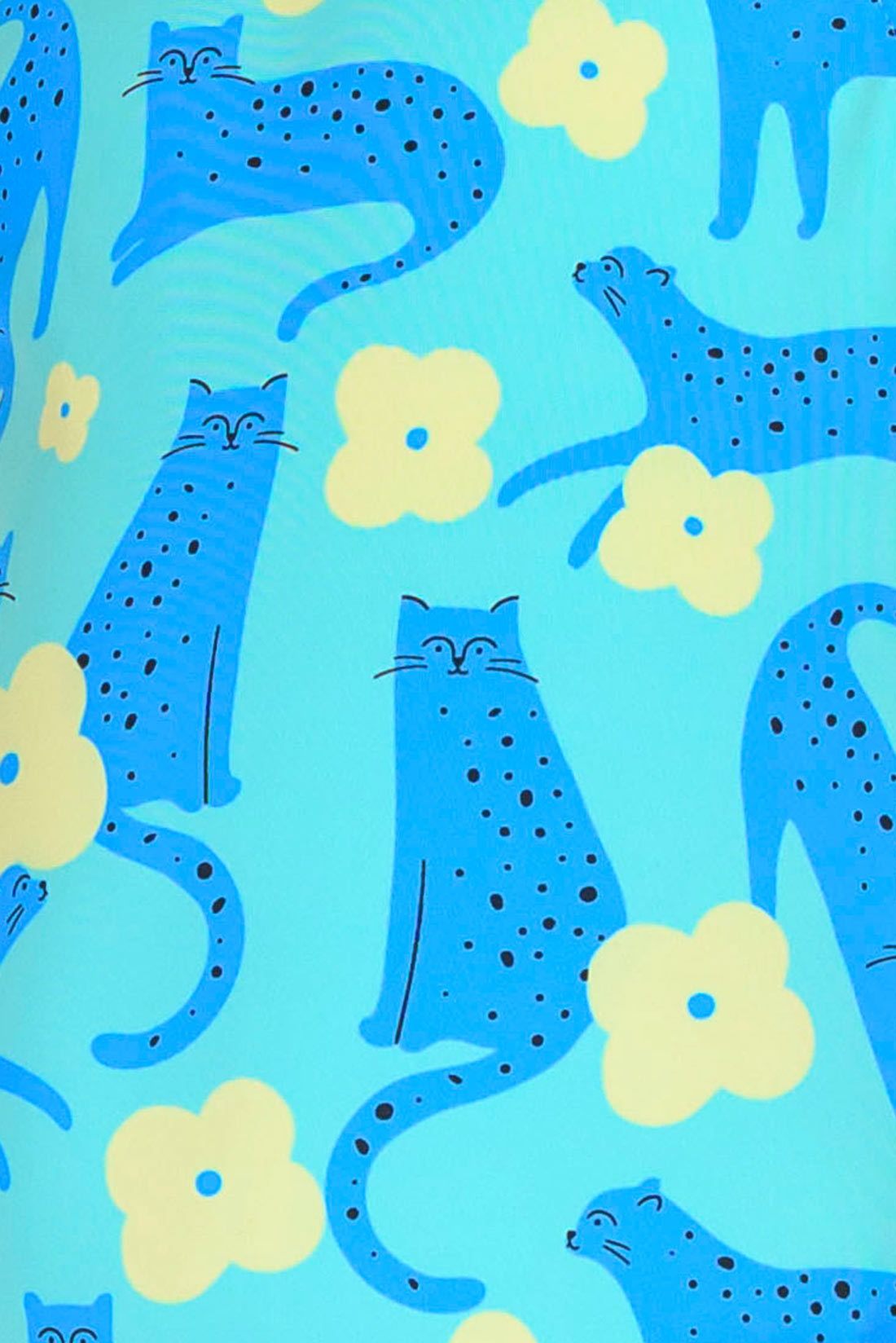 Destira swimsuit pattern of blue cats and yellow flowers on teal background