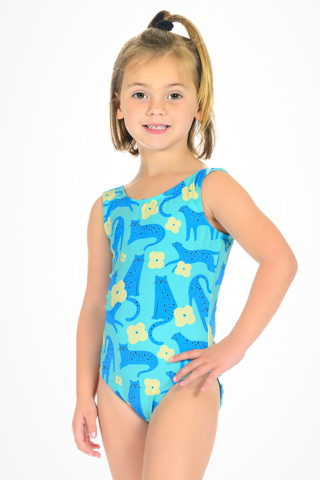 Green cat bathing suit for girls by Destira, 2026