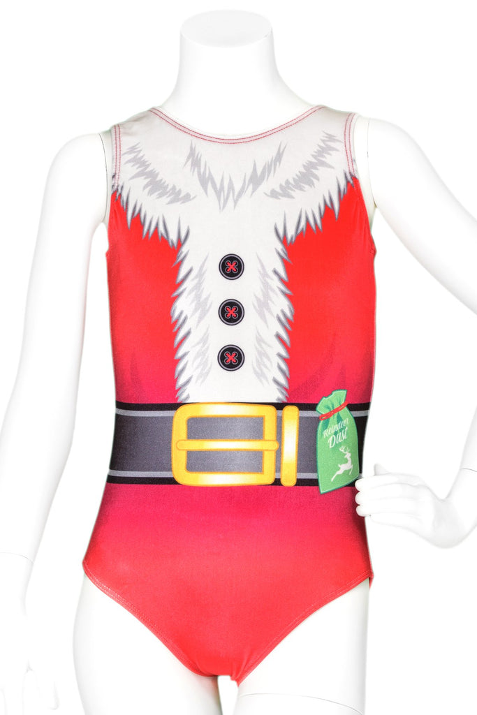Front of Santa-themed holiday leotard by Destira, 2023