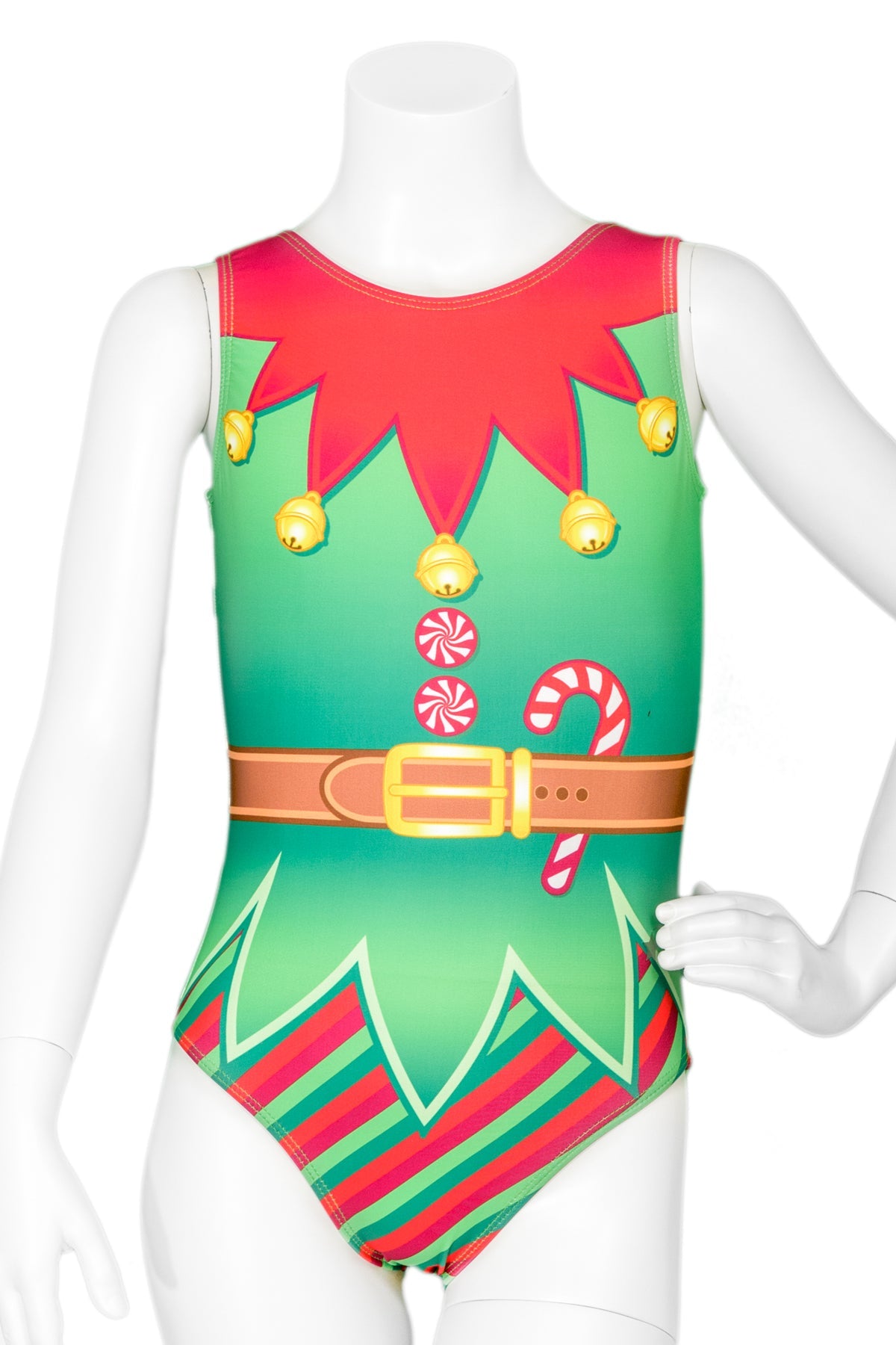 Elf-themed holiday gymanstics leotard by Destira, 2023