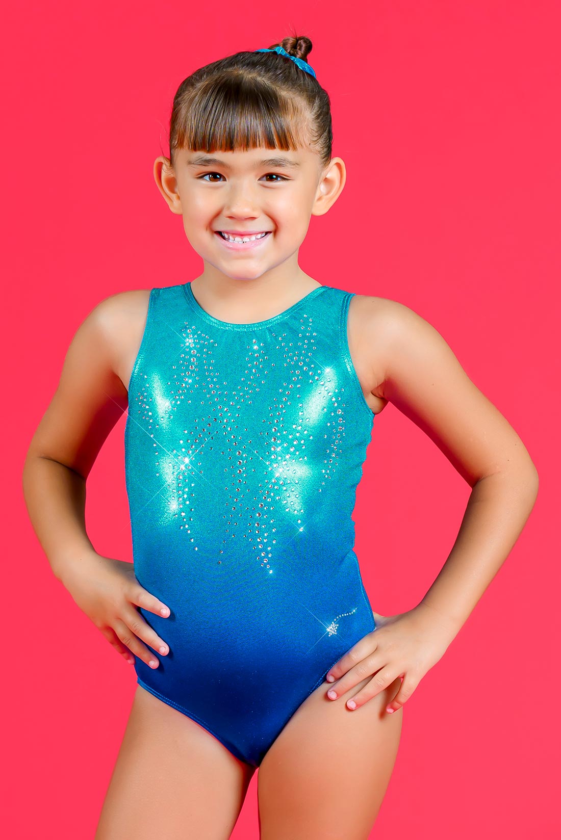 Shimmery blue practice leotard with no sleeves by Destira, 2024