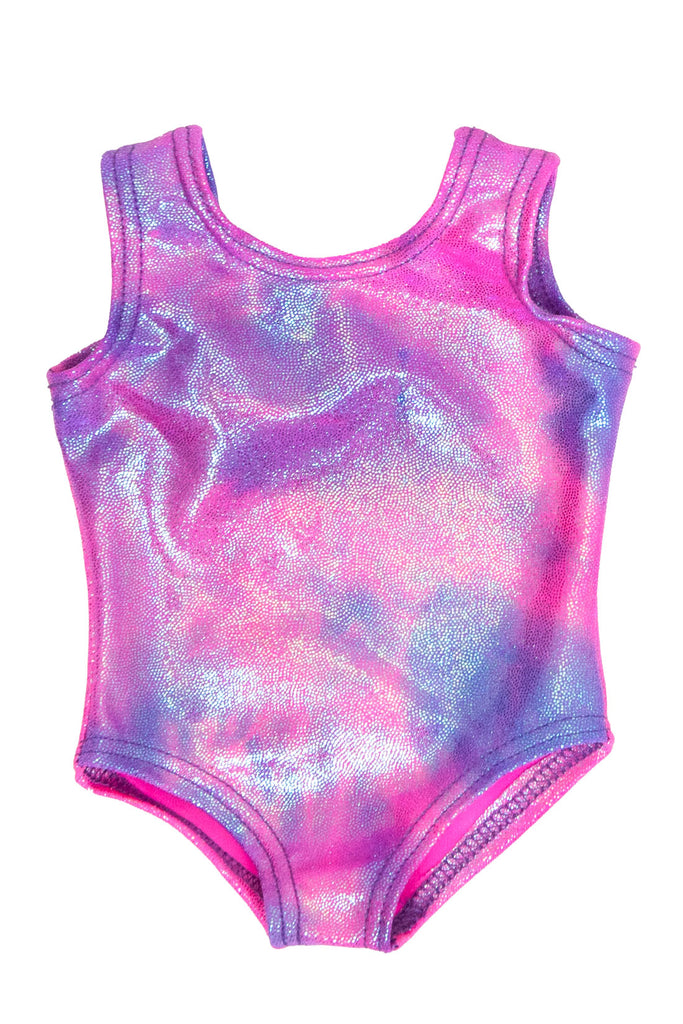 A magenta and purple gymnastics leotard sized for dolls that matches the To the Moon leotard and unitard by Destira, 2023