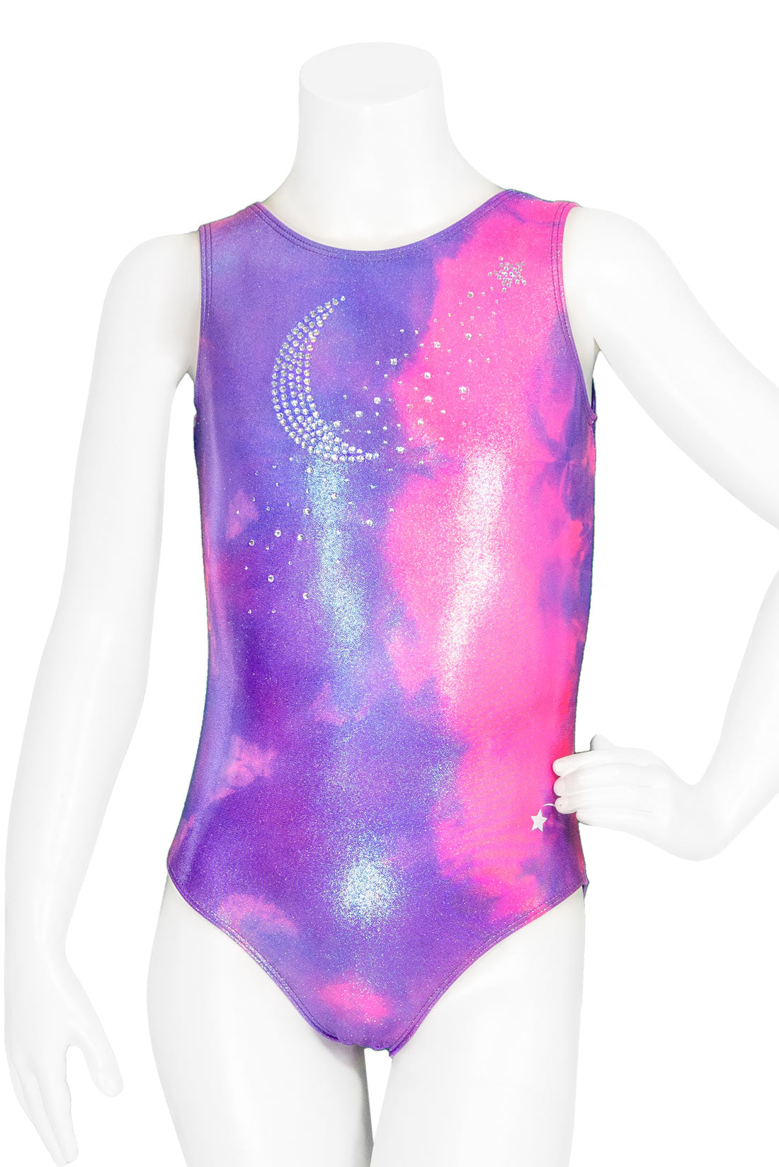 Pink and purple cloud tie dye gymnastic leotard with a crystal moon and star embellishment by Destira, 2023
