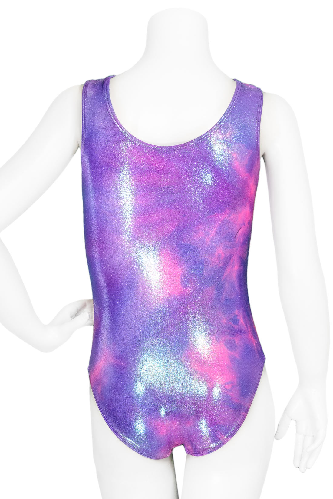 Pink and purple back of a kids gymnastics leotard made from tie dye mystique fabric by Destira, 2023