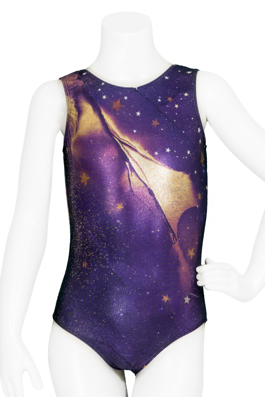 Dark purple and gold galaxy printed girls' gymnastics leotard front by Destira, 2023