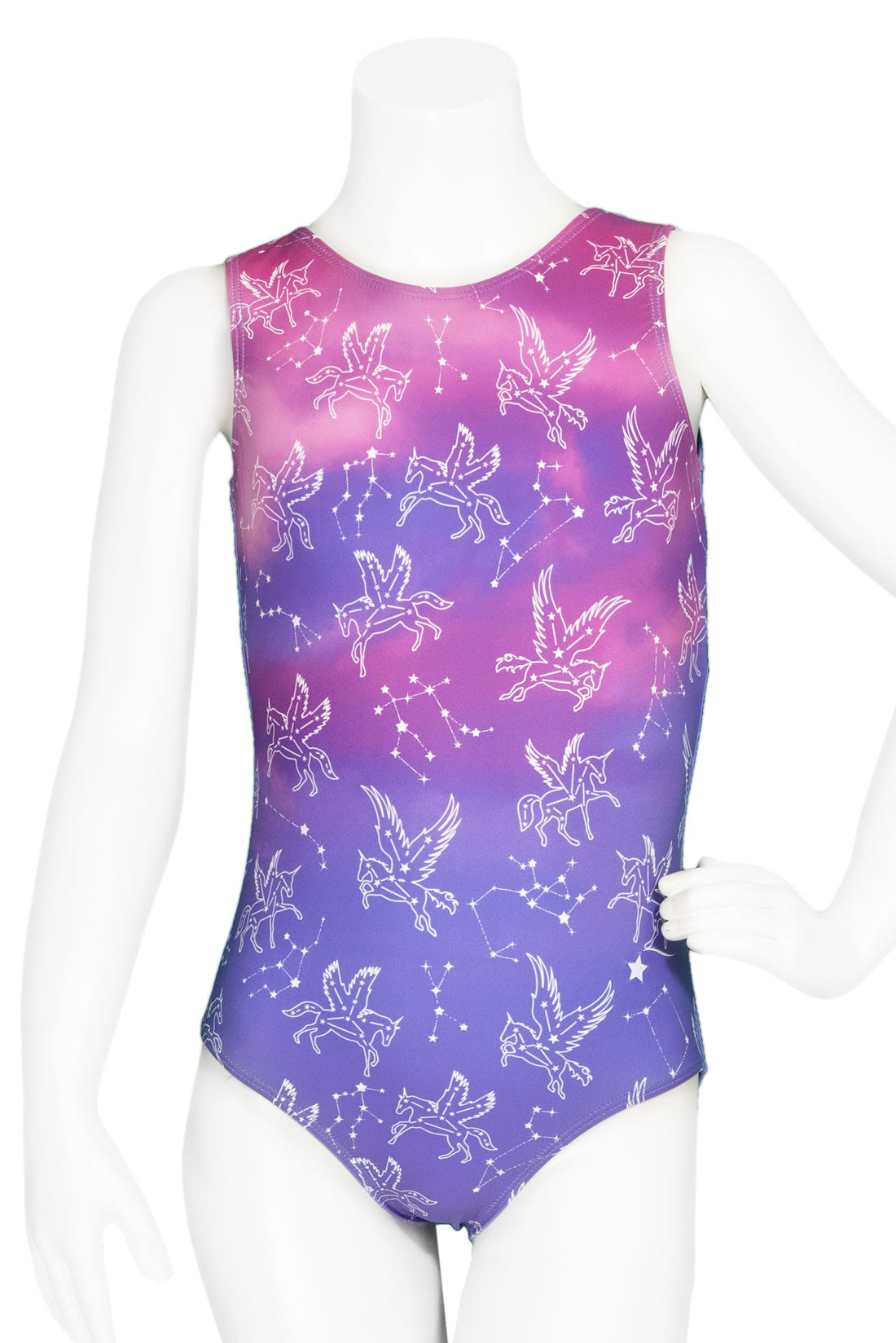 A gymnastics leotard front with a pink cloud background and a pegasus and constellation design by Destira, 2023