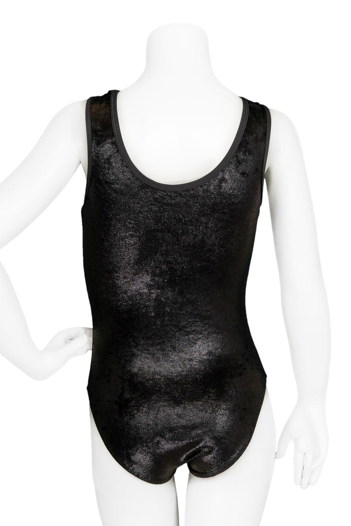 Shiny black velvet ballet leotard back on a mannequin by Destira, 2023
