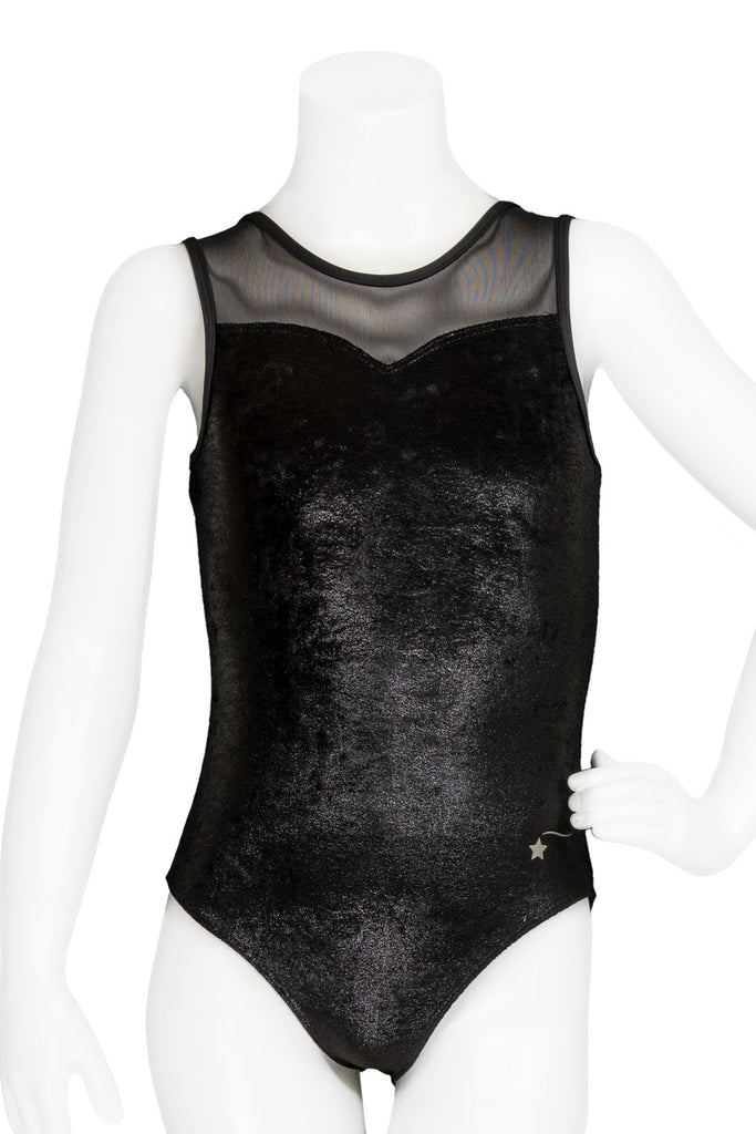 Black mesh sweetheart neckline dance leotard front on a mannequin by Destira, 2023