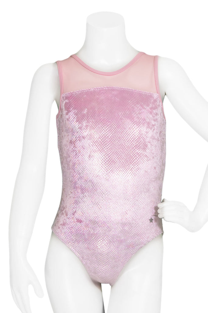 Petal pink mesh top dance leotard for girls front by Destira, 2023