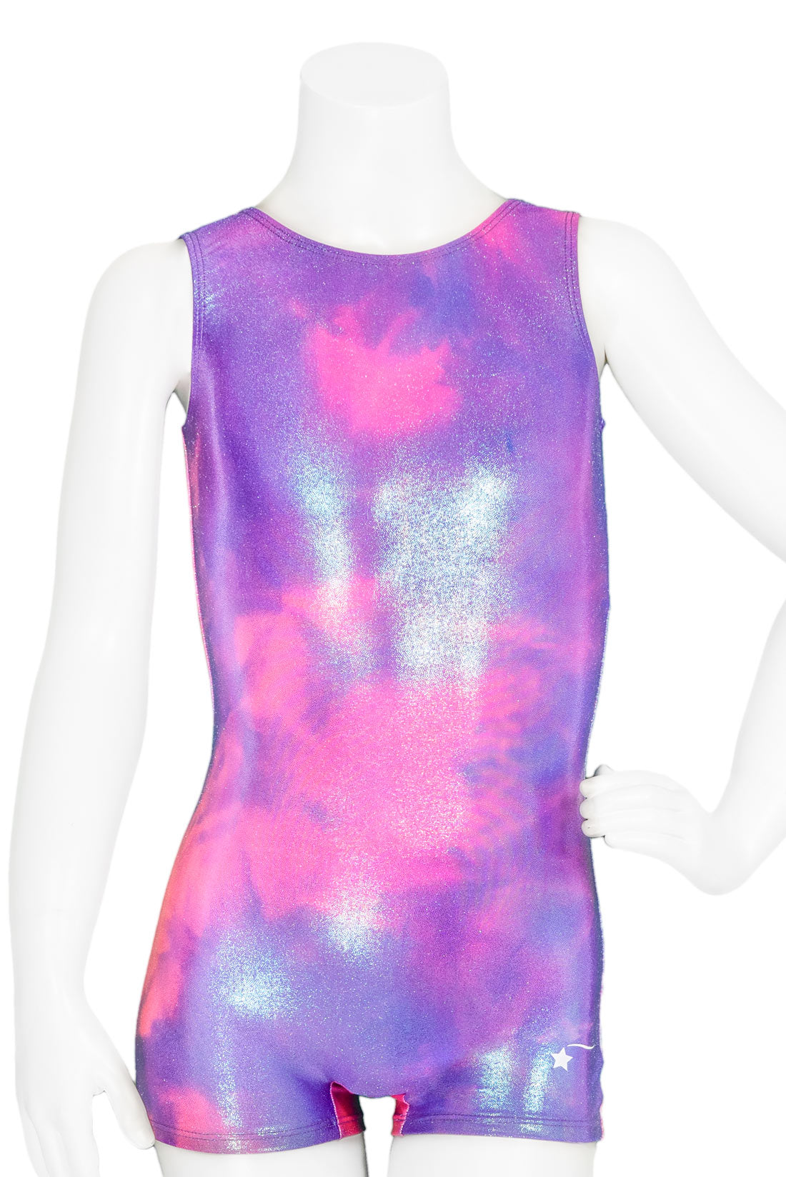 Front of a pink and purple cloud tie dye gymnastic unitard by Destira, 2023