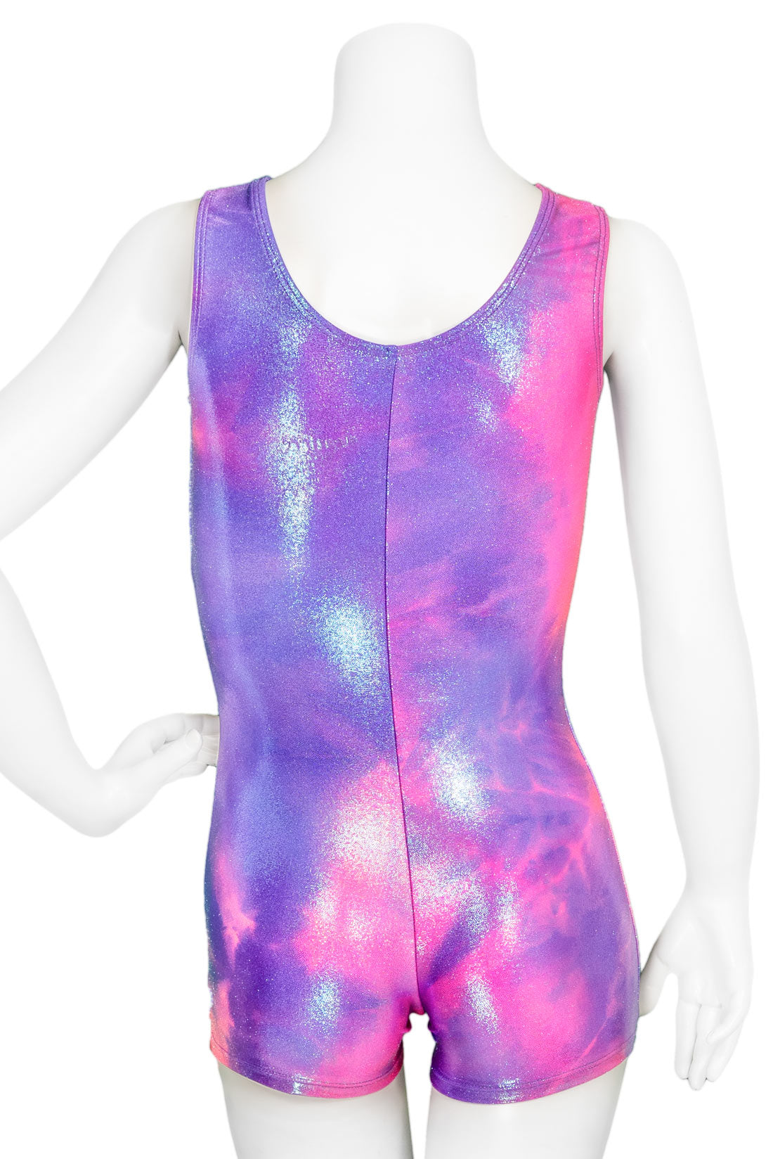 Back of a pink and purple shiny unitard for gymnastics practice by Destira, 2023