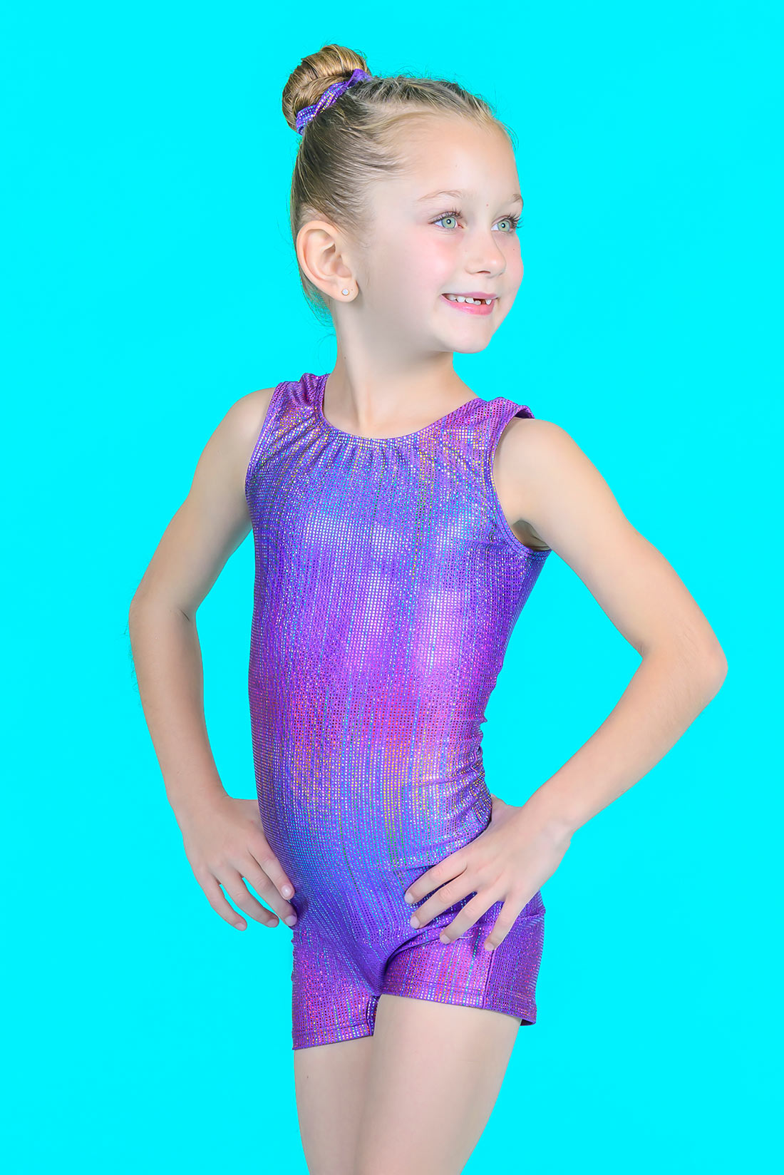 Shiny purple unitard for gymnasts by Destira, 2024