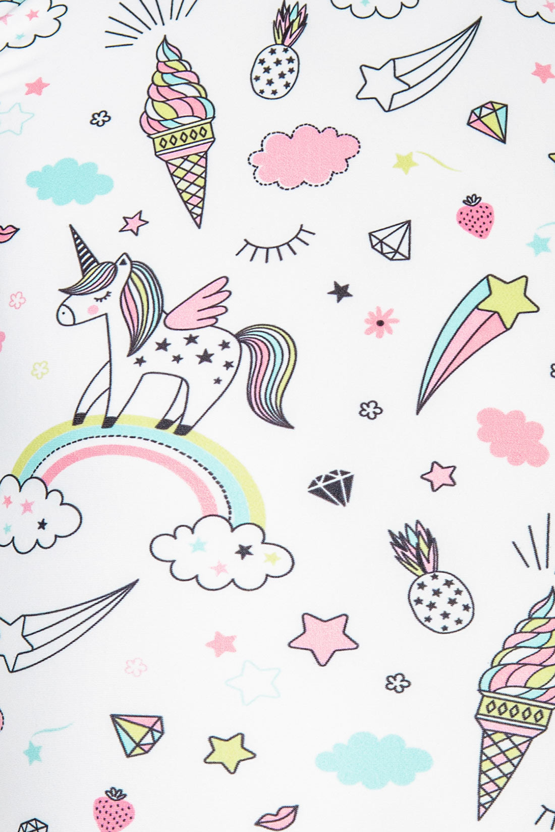 Cute unicorns and rainbows pattern on toddler gymnastics leotard by Destira, 2024