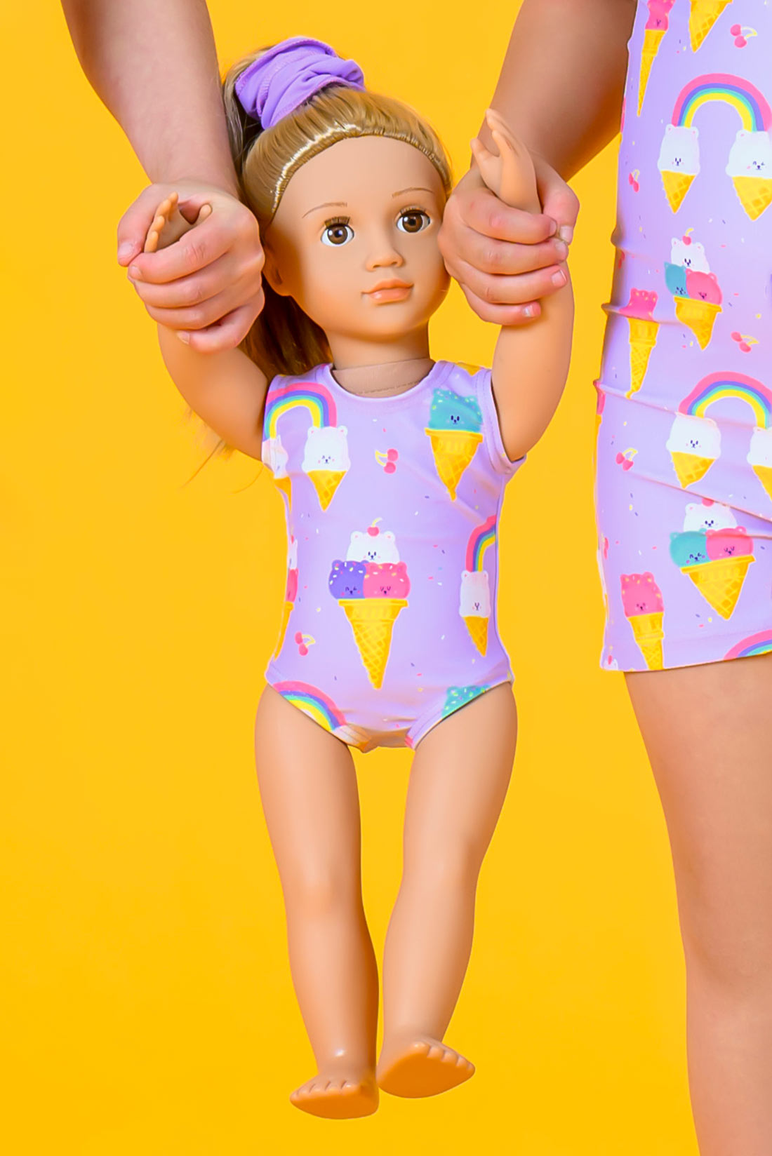 Matching purple doll leotard for gymnast's dolls by Destira, 2024