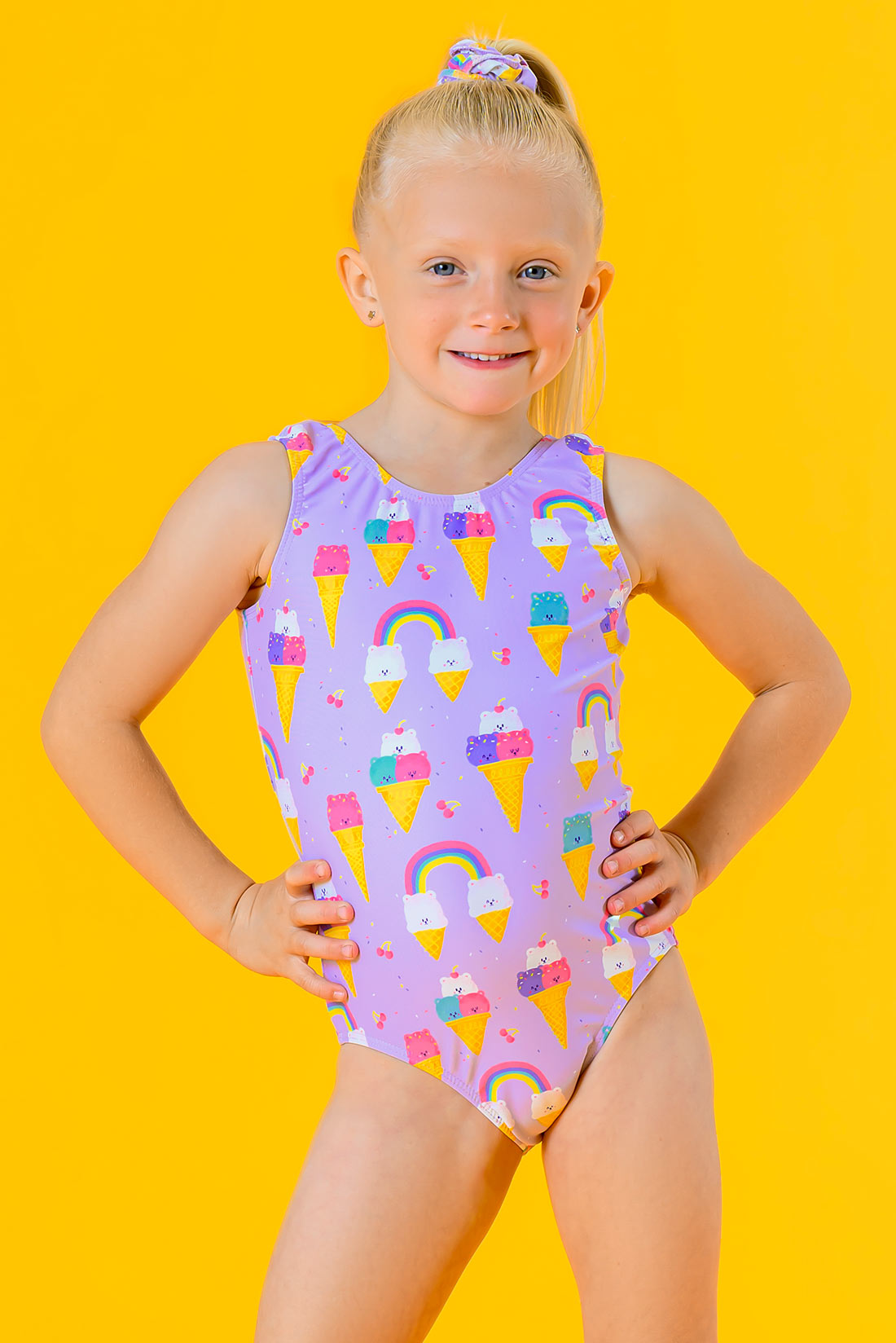 Purple leotard for kids with bears and ice cream by Destira, 2024