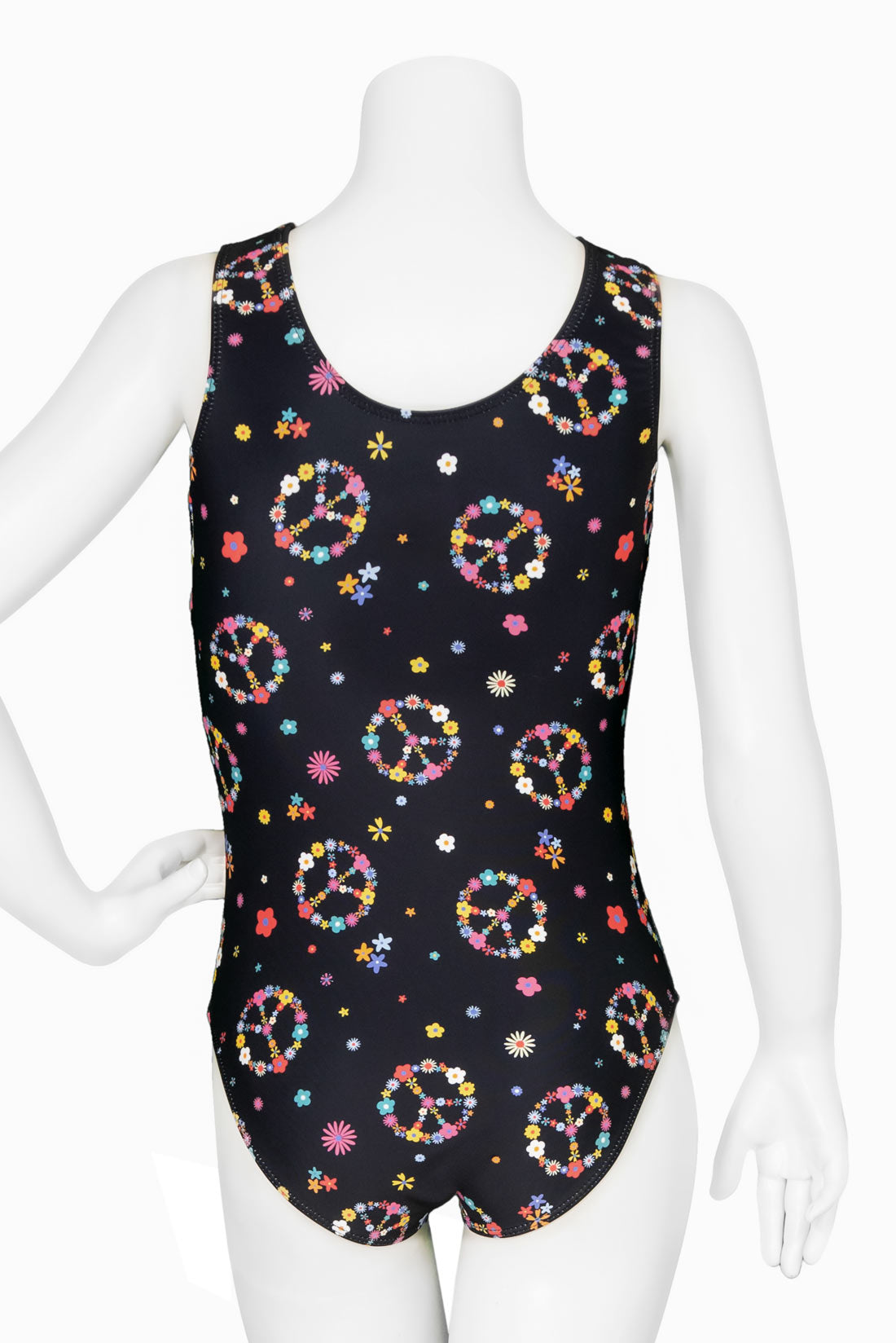 Black leotard with peace signs for girls by Destira, 2024