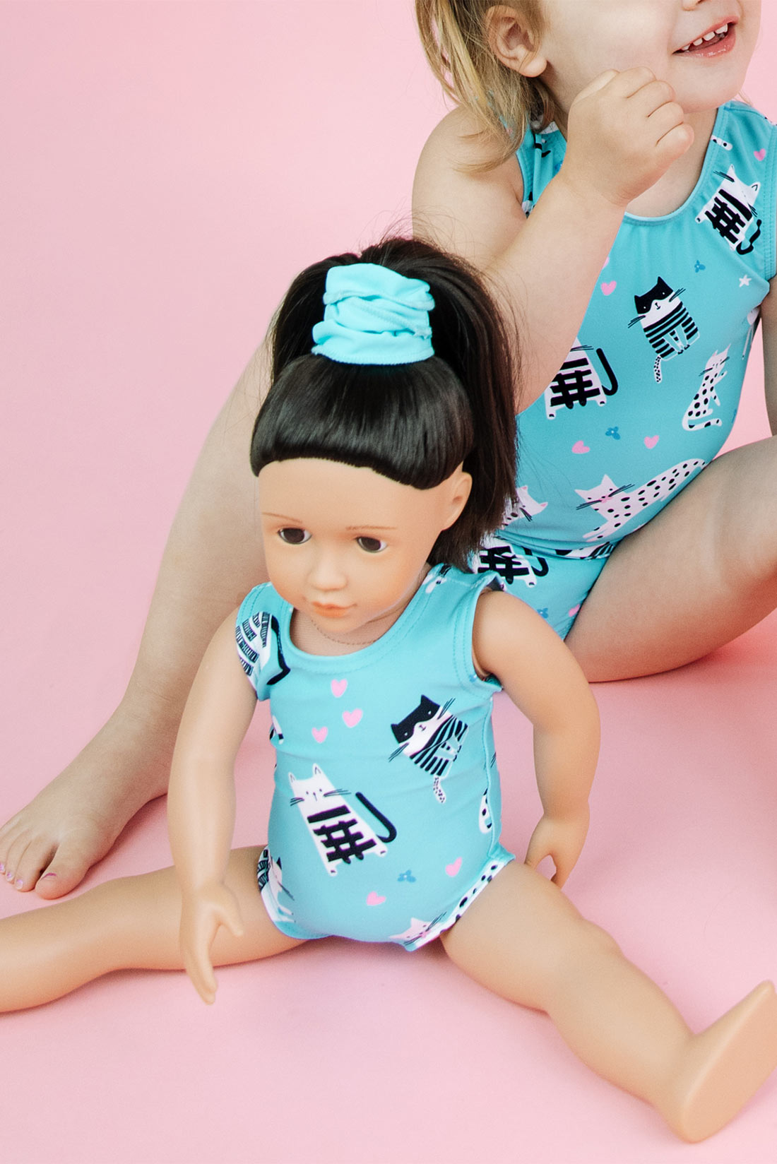 Matching blue leotard with cats for your toddler's doll by Destira, 2024