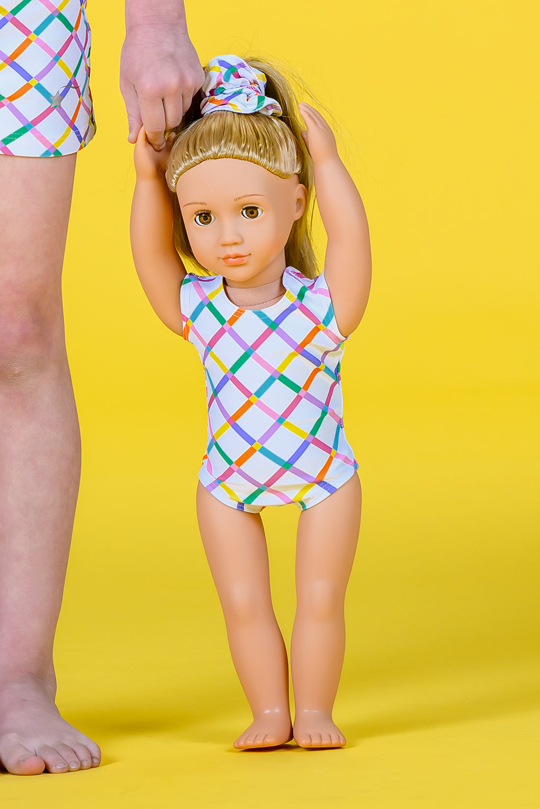 White doll leotard with rainbow design by Destira, 2024