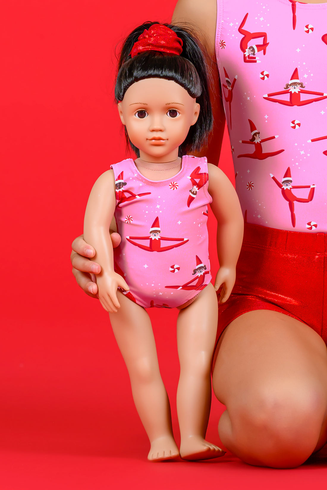 Pink doll leotard with red elves by Destira, 2024