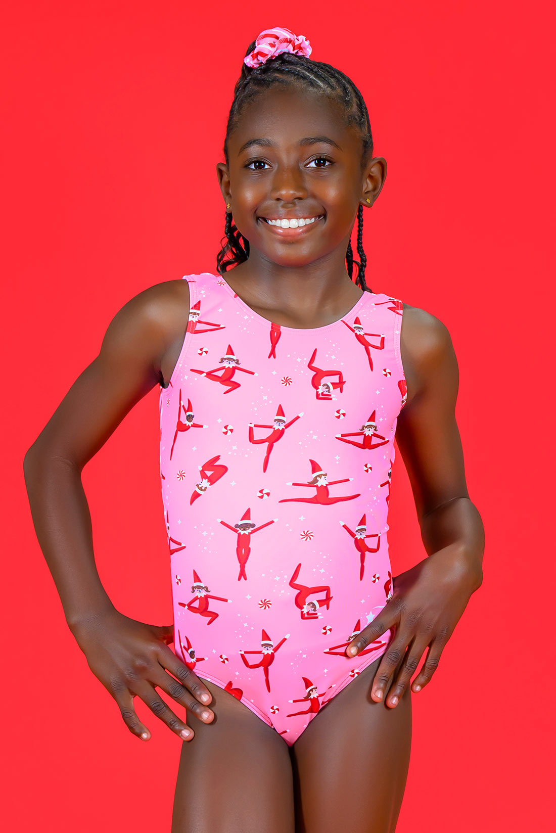 Pink holiday leotard with elves by Destira, 2024