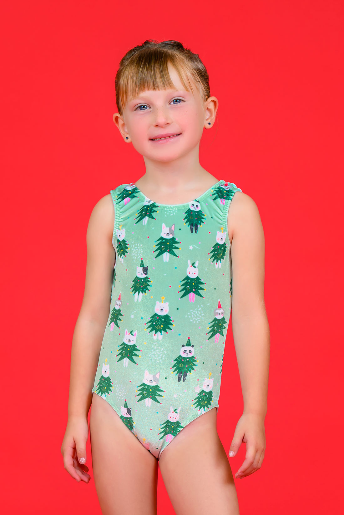 Green sleevless leotard made from soft velvet by Destira, 2024