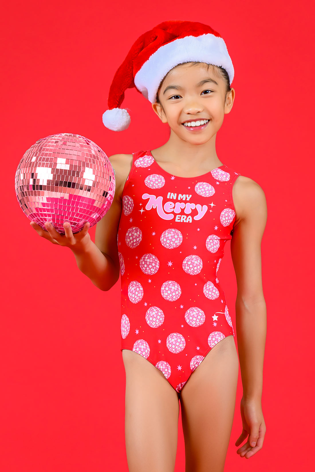 Red, festive holiday leotard for girls by Destira, 2024