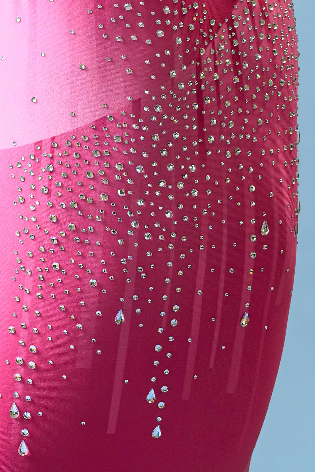 Crystal details on pink leotard by Destira, 2024